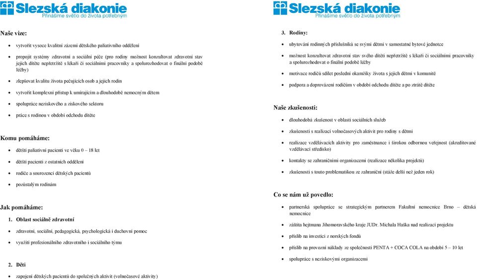 neziskového a ziskového sektoru Komu pomáháme: dtští paliativní pacienti ve vku 0 18 let dtští pacienti z ostatních oddlení rodie a sourozenci dtských pacient pozstalým rodinám Jak pomáháme: 1.