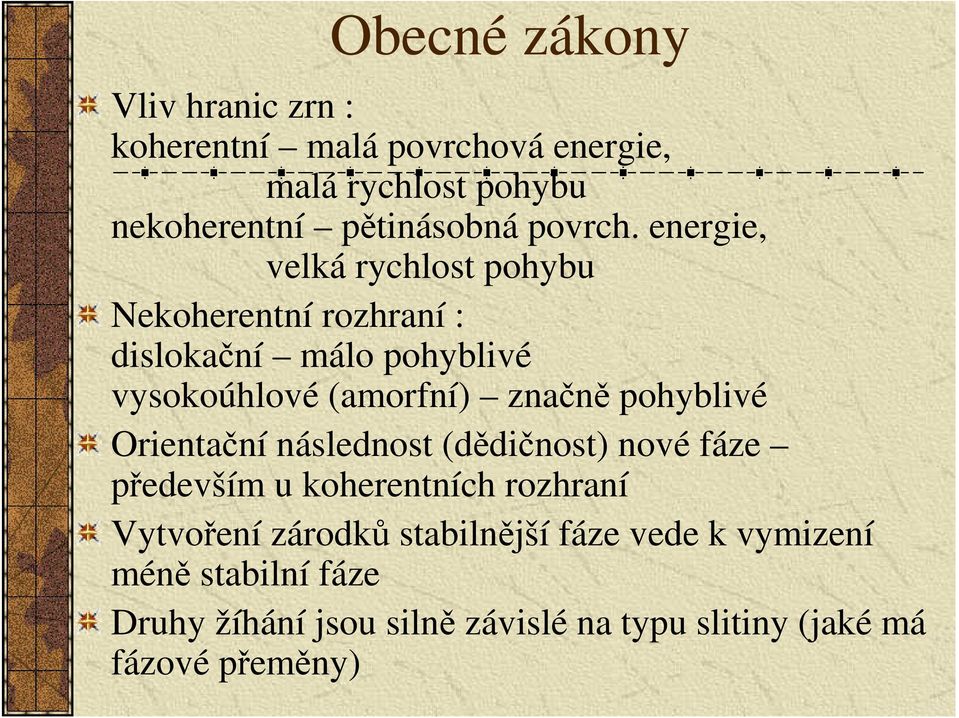 energie, velká rychlost pohybu Nekoherentní rozhraní : dislokační málo pohyblivé vysokoúhlové (amorfní) značně