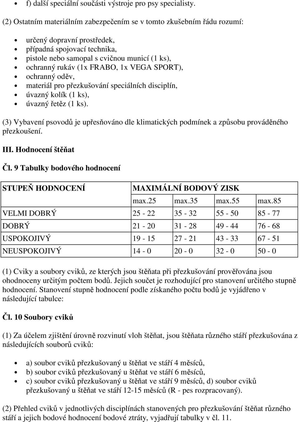 FRABO, 1x VEGA SPORT), ochranný oděv, materiál pro přezkušování speciálních disciplín, úvazný kolík (1 ks), úvazný řetěz (1 ks).