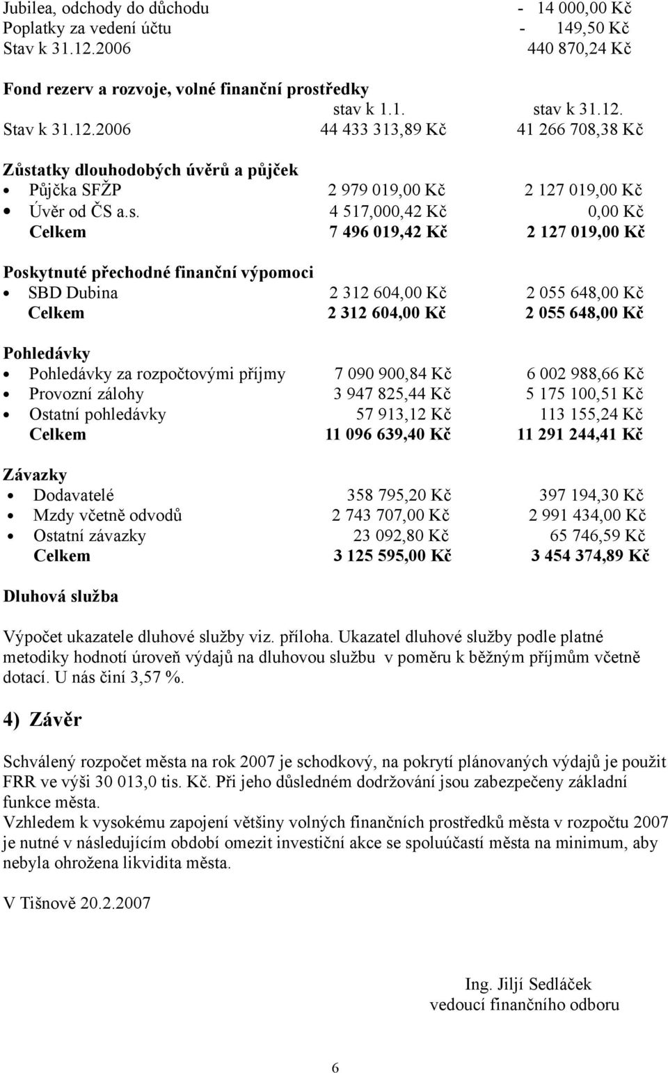 Stav k 31.12.2006 44 433 313,89 Kč 41 266 708,38 Kč Zůst