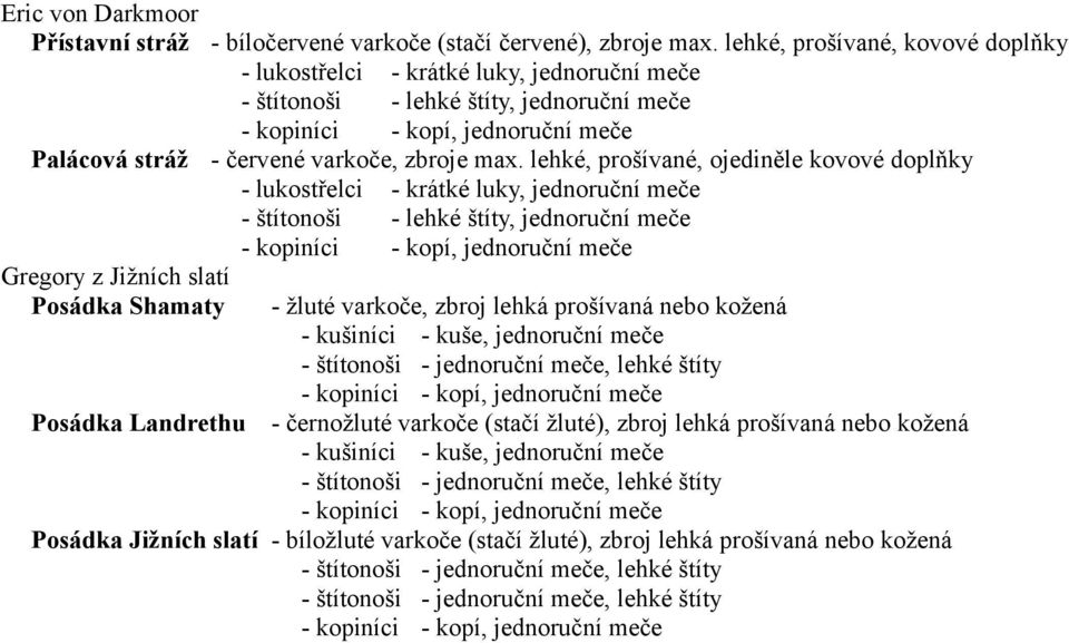 lehké, prošívané, ojediněle kovové doplňky - lukostřelci - krátké luky, jednoruční meče - štítonoši - lehké štíty, jednoruční meče - žluté varkoče, zbroj lehká prošívaná nebo