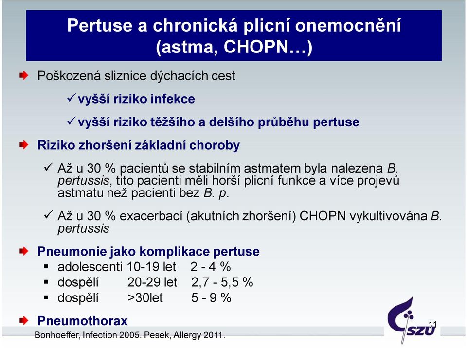 pertussis, tito pacienti měli horší plicní funkce a více projevů astmatu než pacienti bez B. p. Až u 30 % exacerbací (akutních zhoršení) CHOPN vykultivována B.