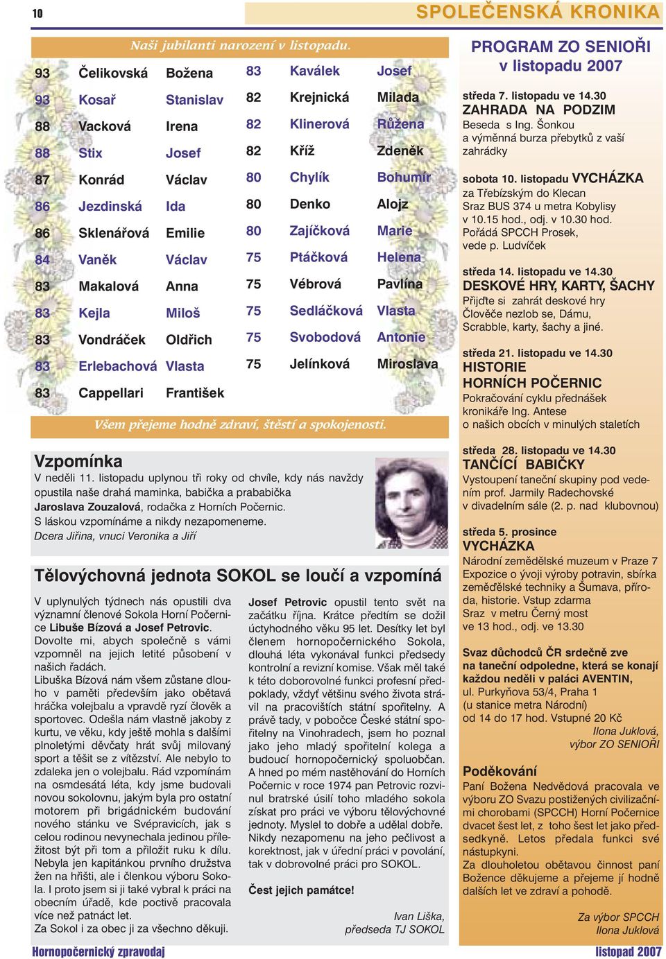 Cappellari František 83 Kaválek Josef 82 Krejnická Milada 82 Klinerová Růžena 82 Kříž Zdeněk 80 Chylík Bohumír 80 Denko Alojz 80 Zajíčková Marie 75 Ptáčková Helena 75 Vébrová Pavlína 75 Sedláčková