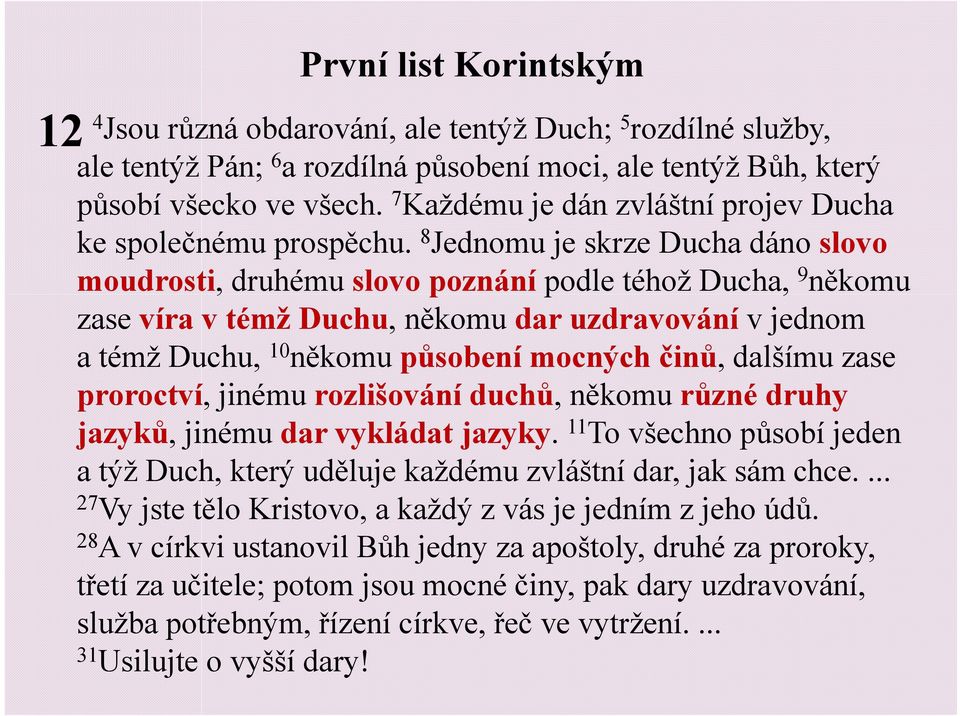 8 Jednomu je skrze Ducha dáno slovo moudrosti, druhému slovo poznání podle téhož Ducha, 9 někomu zase víra v témž Duchu, někomu dar uzdravování v jednom a témž Duchu, 10 někomu působení mocných činů,