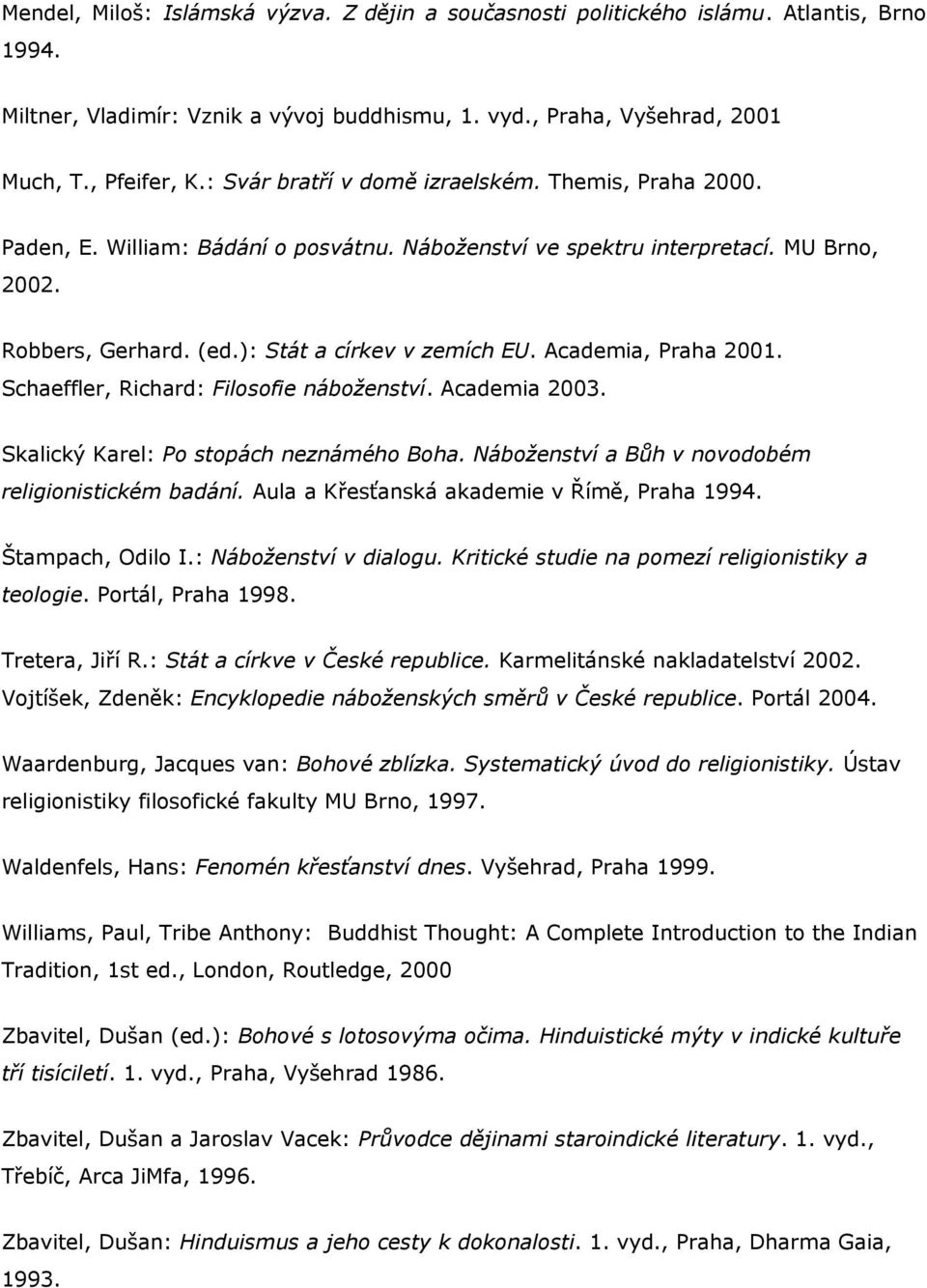 Academia, Praha 2001. Schaeffler, Richard: Filosofie náboženství. Academia 2003. Skalický Karel: Po stopách neznámého Boha. Náboženství a Bůh v novodobém religionistickém badání.