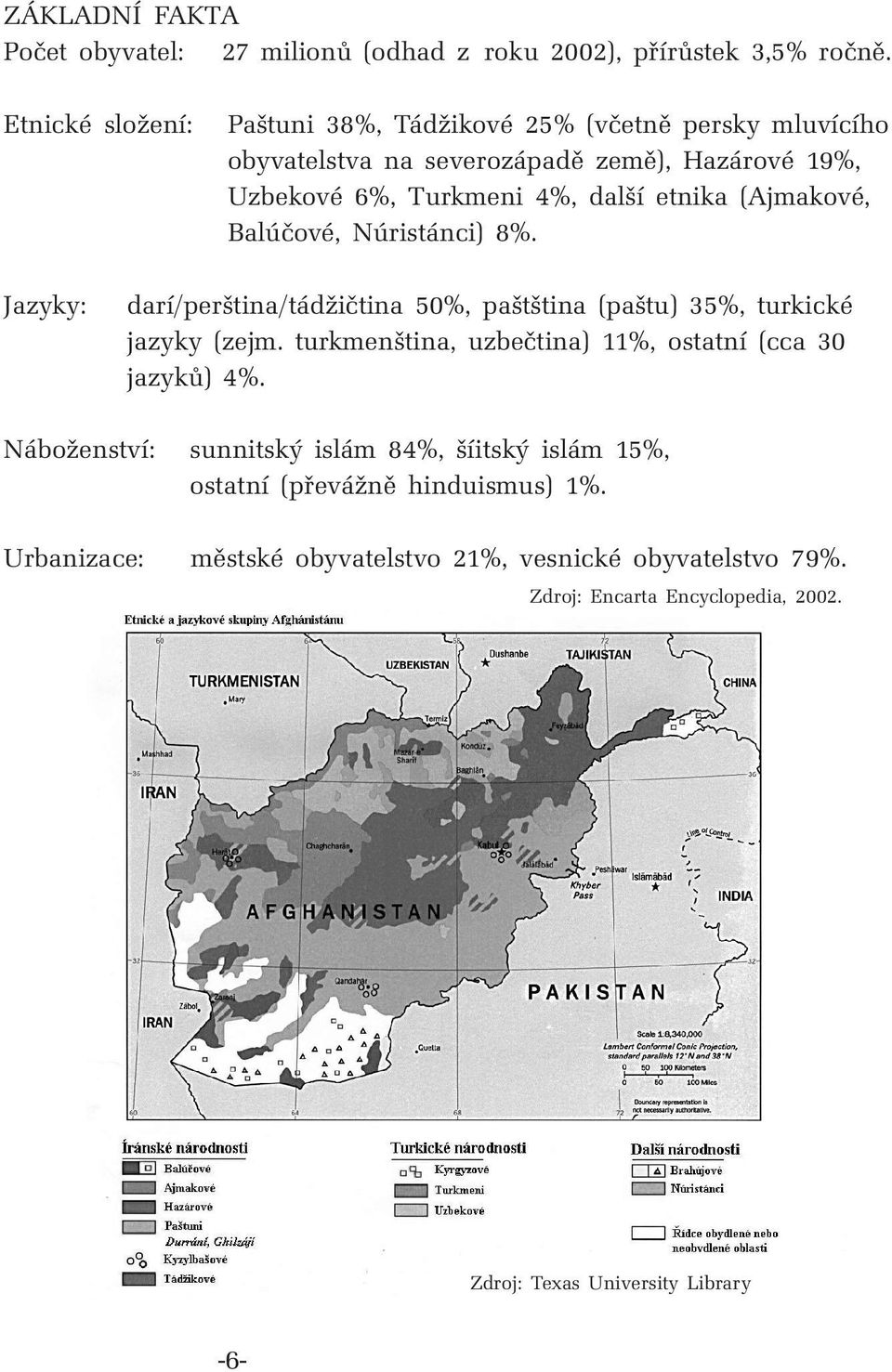 (Ajmakové, Balúčové, Núristánci) 8%. Jazyky: darí/perština/tádžičtina 50%, paštština (paštu) 35%, turkické jazyky (zejm.