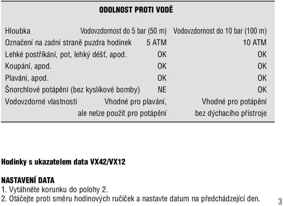 OK OK norchlové potápûní (bez kyslíkové bomby) NE OK Vodovzdorné vlastnosti Vhodné pro plavání, Vhodné pro potápûní ale nelze pouïít pro