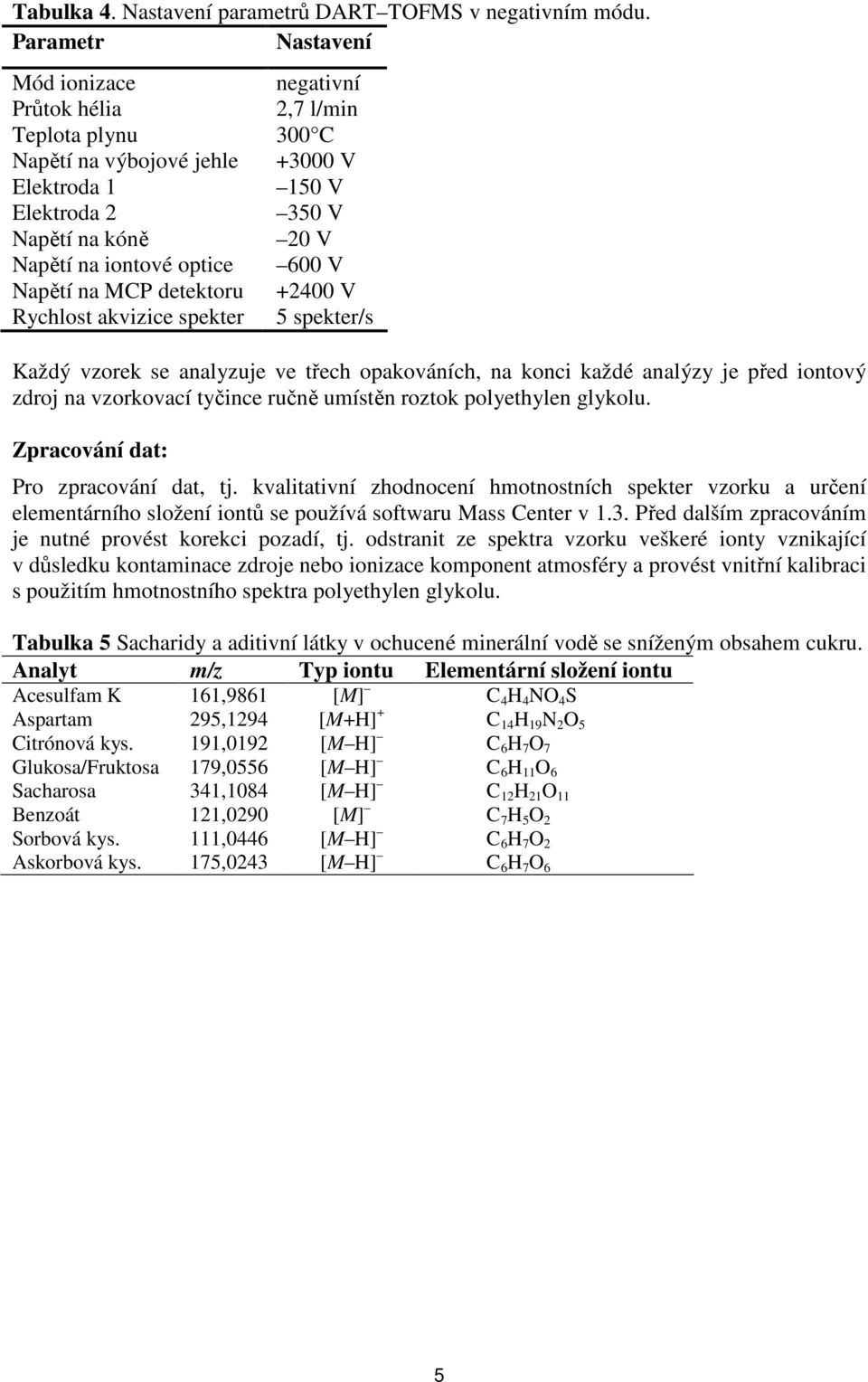 akvizice spekter 5 spekter/s Každý vzorek se analyzuje ve třech opakováních, na konci každé analýzy je před iontový zdroj na vzorkovací tyčince ručně umístěn roztok polyethylen glykolu.