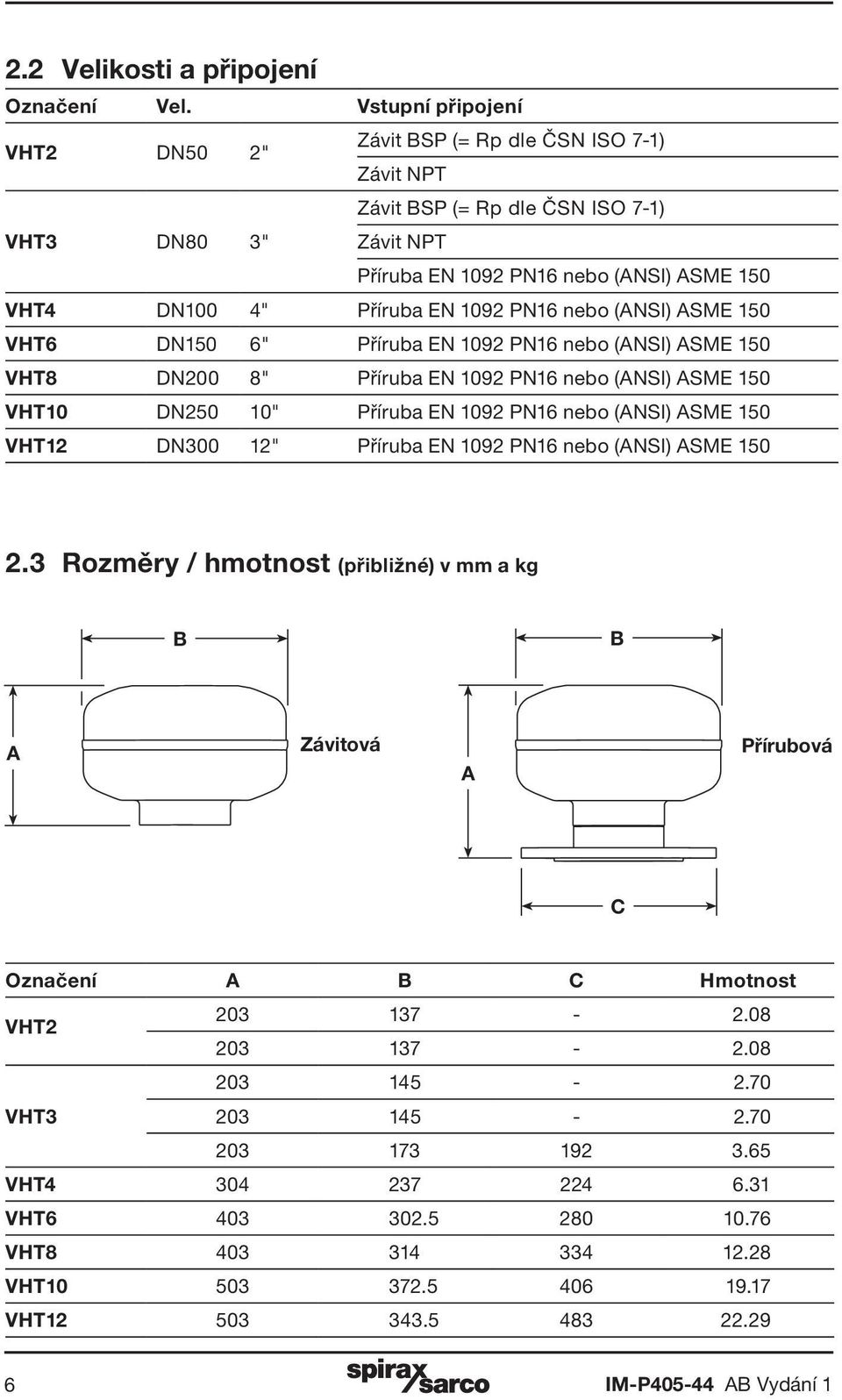 1092 PN16 nebo (ANSI) ASME 150 VHT6 DN150 6" Příruba EN 1092 PN16 nebo (ANSI) ASME 150 VHT8 DN200 8" Příruba EN 1092 PN16 nebo (ANSI) ASME 150 VHT10 DN250 10" Příruba EN 1092 PN16 nebo (ANSI) ASME