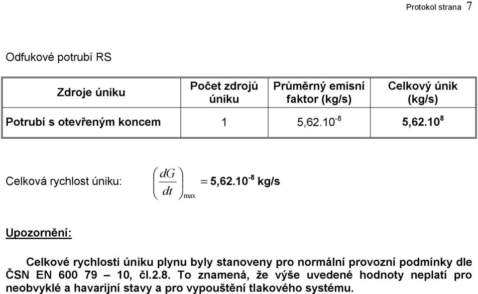 10-8 kg/s dt max Upozornění: Celkové rychlosti úniku plynu byly stanoveny pro normální provozní podmínky dle