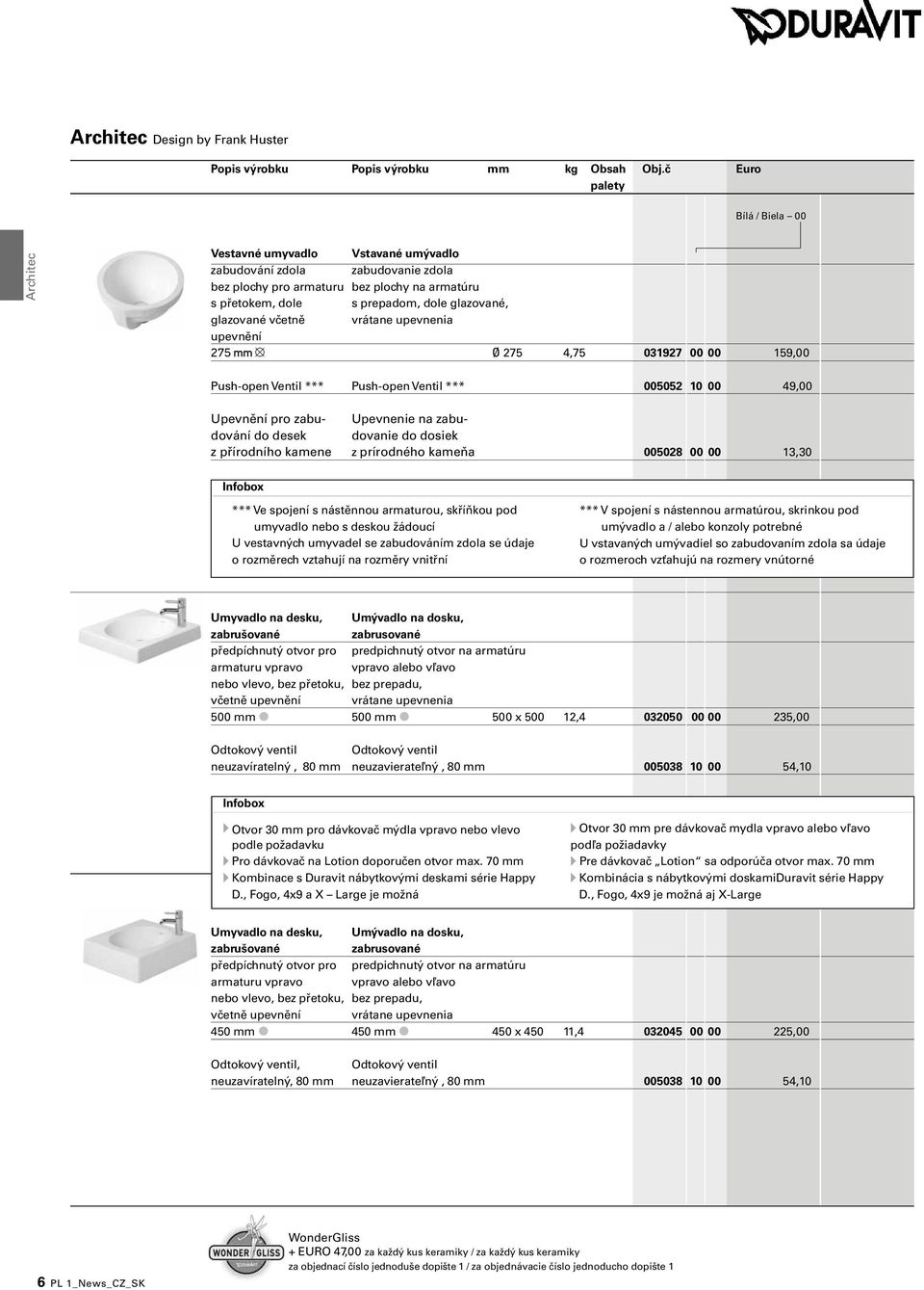 glazované, glazované včetně vrátane upevnenia upevnění 275 mm Ø 275 4,75 031927 00 00 159,00 Push-open Ventil *** Push-open Ventil *** 005052 10 00 49,00 Upevnění pro zabu- Upevnenie na zabudování do