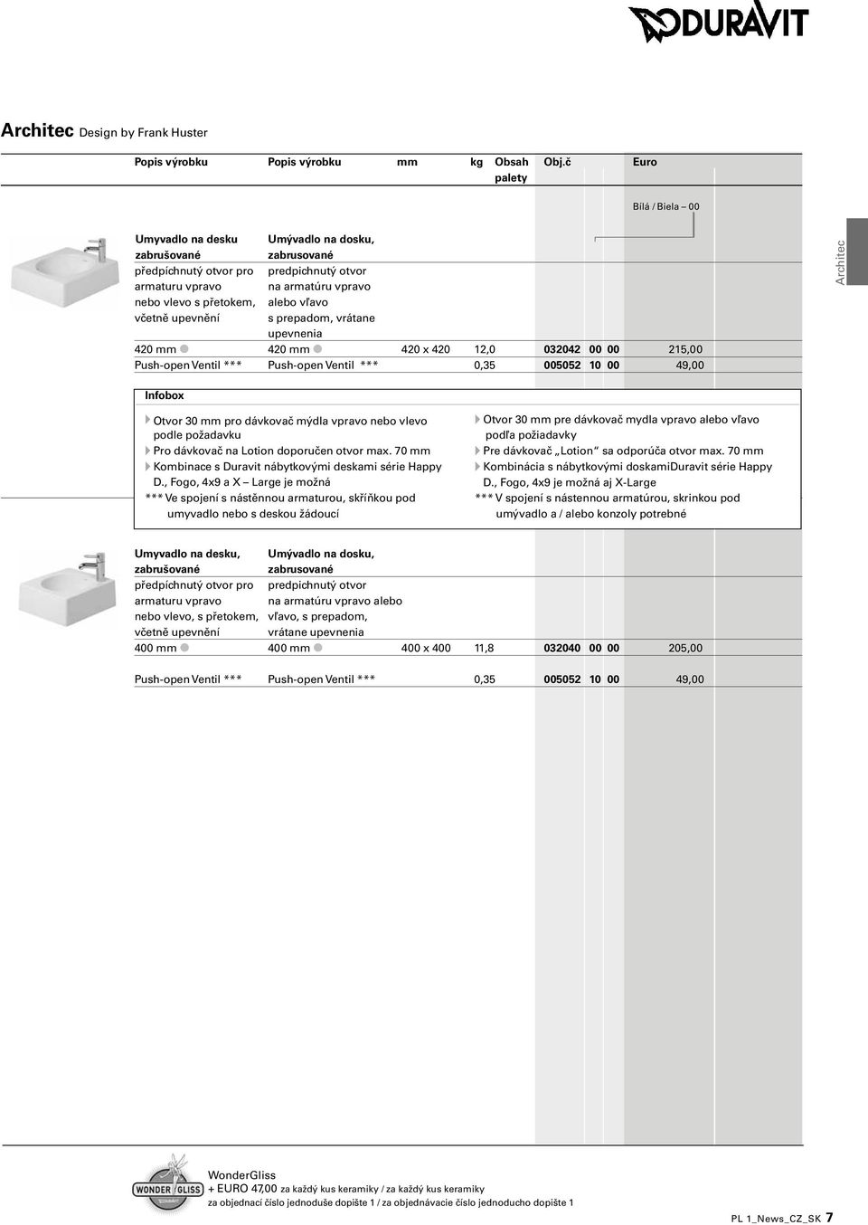 vpravo alebo vľavo s prepadom, vrátane upevnenia 420 mm π 420 mm π 420 x 420 12,0 032042 00 00 215,00 Push-open Ventil *** Push-open Ventil *** 0,35 005052 10 00 49,00 Architec Otvor 30 mm pro