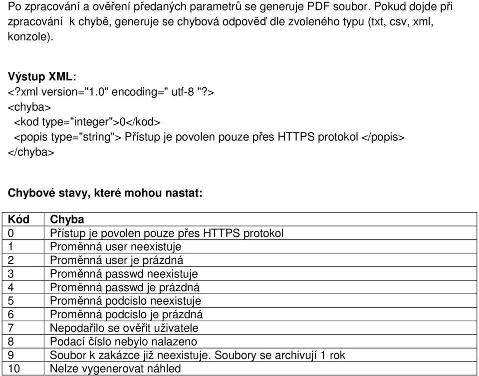 > <chyba> <kod type="integer">0</kod> <popis type="string"> Přístup je povolen pouze přes HTTPS protokol </popis> </chyba> Chybové stavy, které mohou nastat: Kód Chyba 0 Přístup je povolen