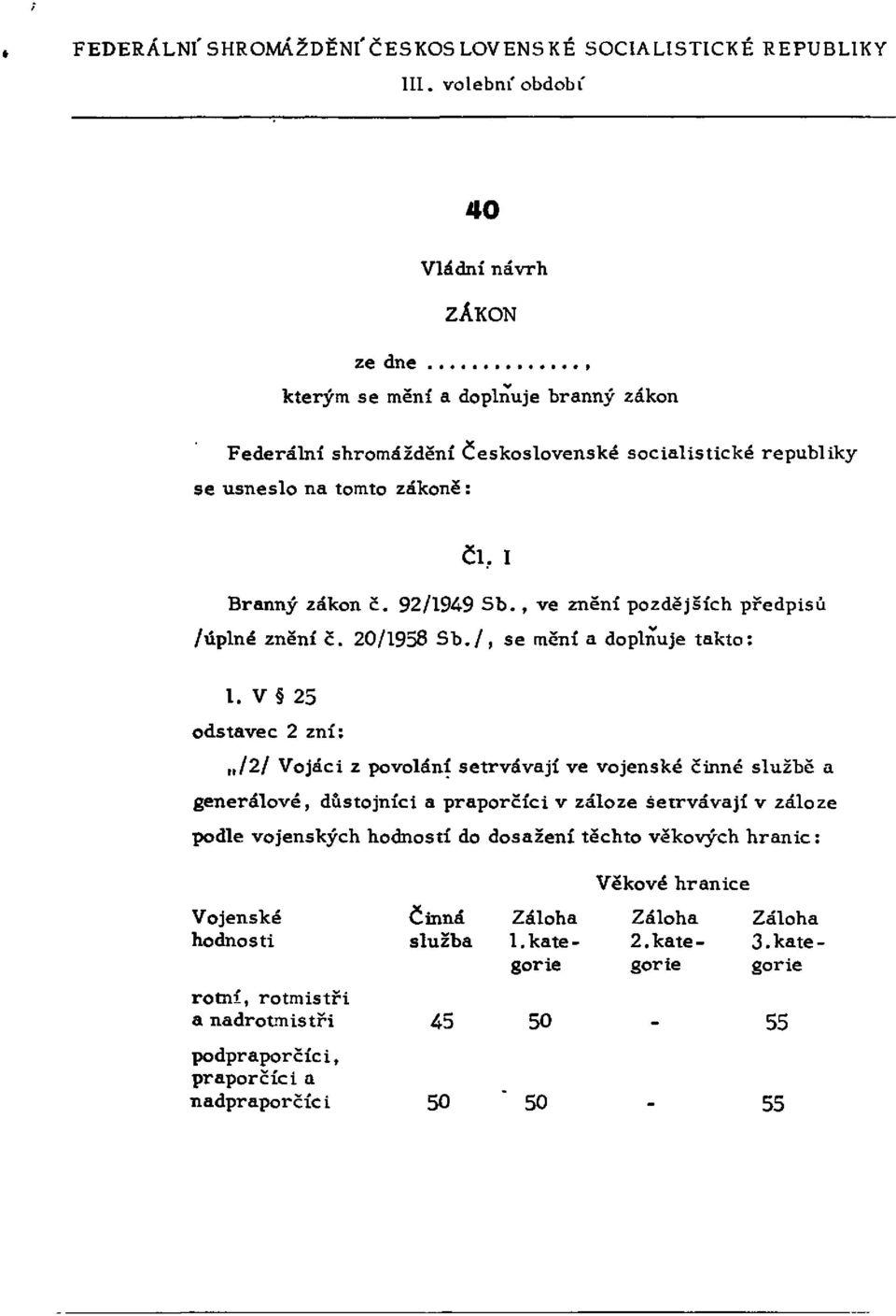 I Branný zákon č. 92/1949 Sb., ve znění pozdějších předpisů /úplné znění č. 20/1958 Sb. /, se mění a doplňuje takto: 1.