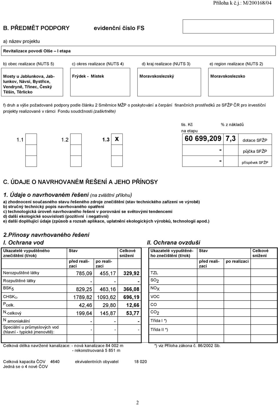 poskytování a čerpání finančních prostředků ze SFŽP ČR pro investiční projekty realizované v rámci Fondu soudržnosti (zaškrtněte) tis. Kč na etapu % z nákladů 1.1 1.2 1.