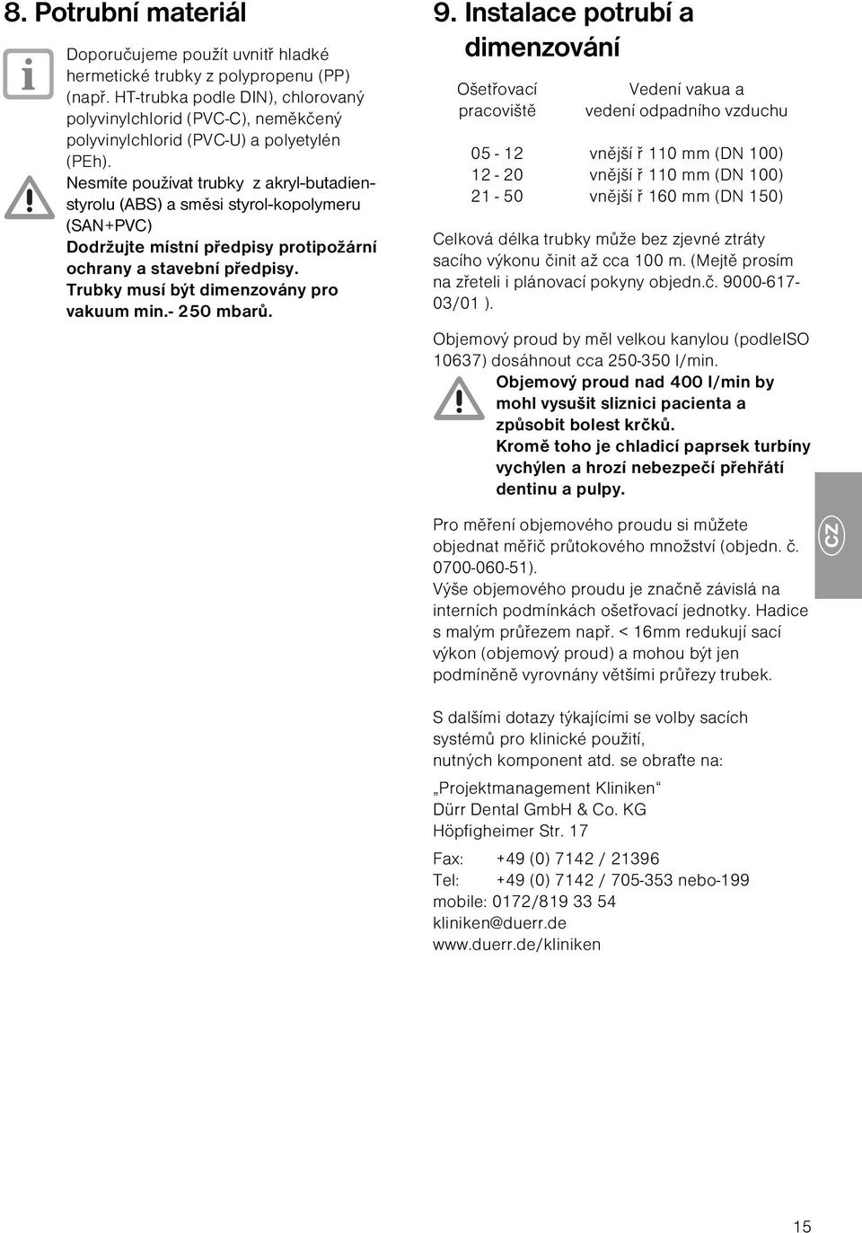 Nesmíte používat trubky z akryl-butadienstyrolu (ABS) a směsi styrol-kopolymeru (SAN+PVC) Dodržujte místní předpisy protipožární ochrany a stavební předpisy.