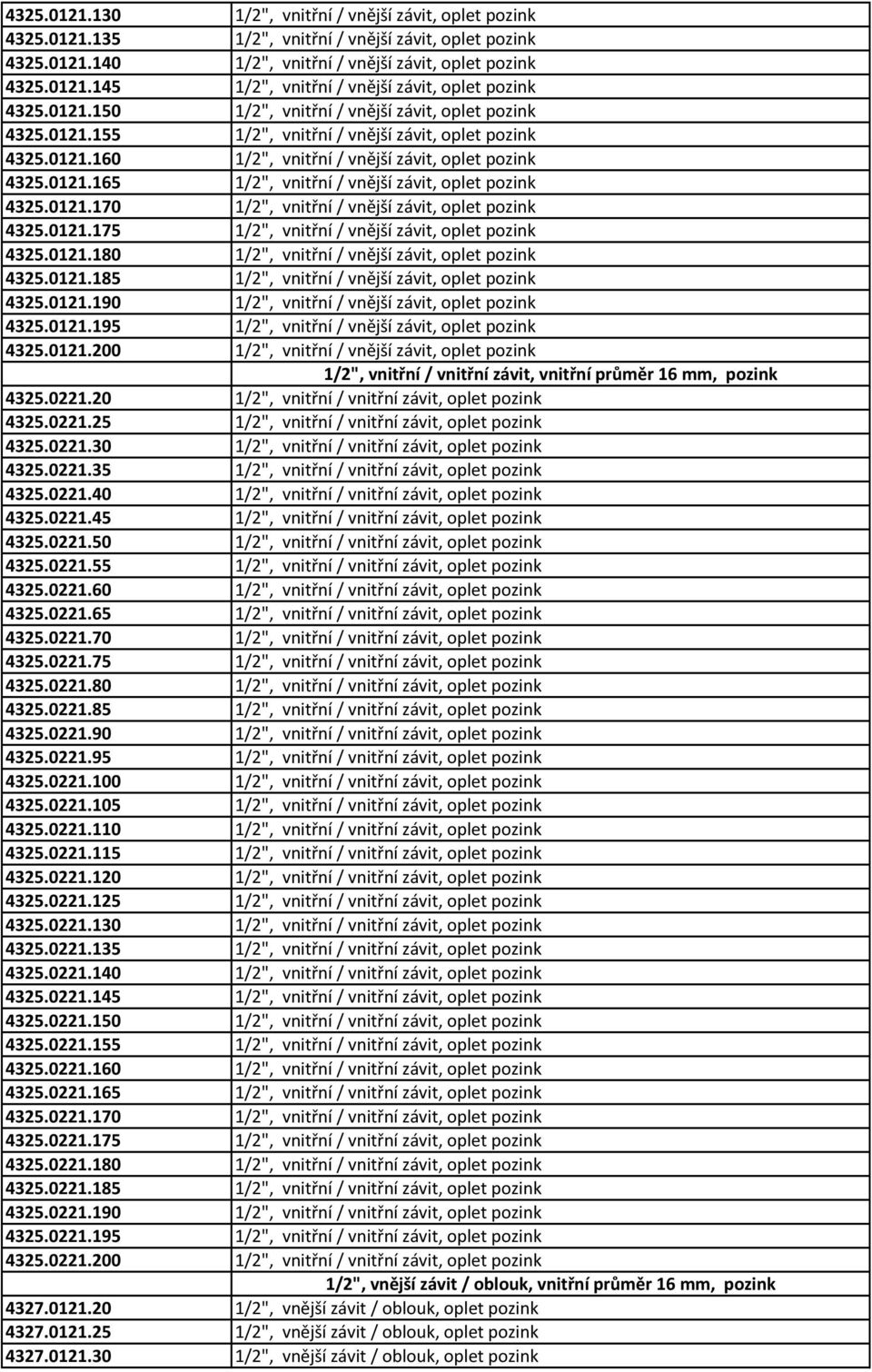 0121.170 1/2", vnitřní / vnější závit, oplet pozink 4325.0121.175 1/2", vnitřní / vnější závit, oplet pozink 4325.0121.180 1/2", vnitřní / vnější závit, oplet pozink 4325.0121.185 1/2", vnitřní / vnější závit, oplet pozink 4325.