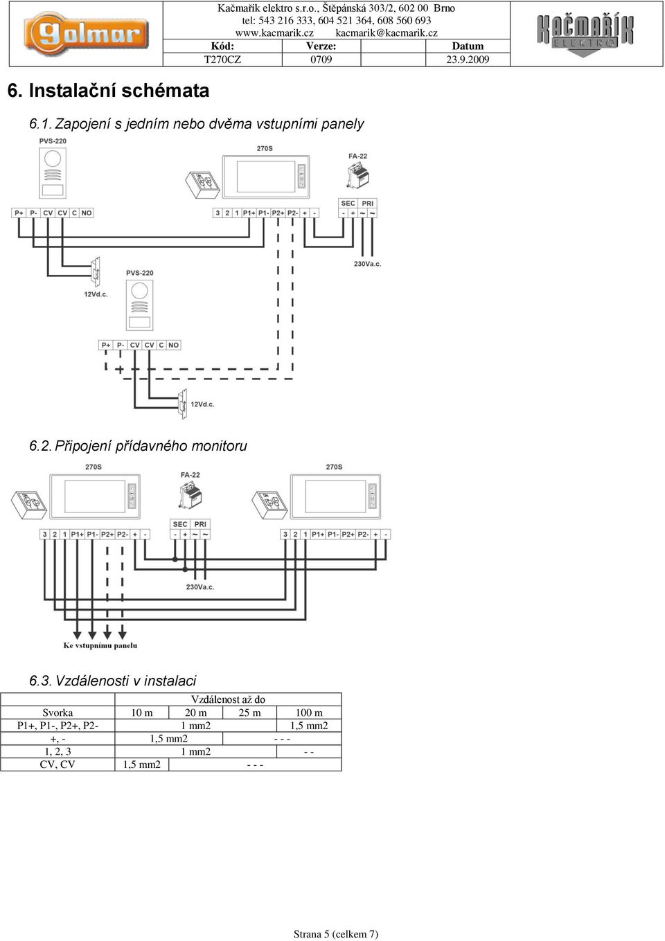 Vzdálenosti v instalaci Vzdálenost až do Svorka 10 m 20 m 25 m 100 m P1+, P1-, P2+,