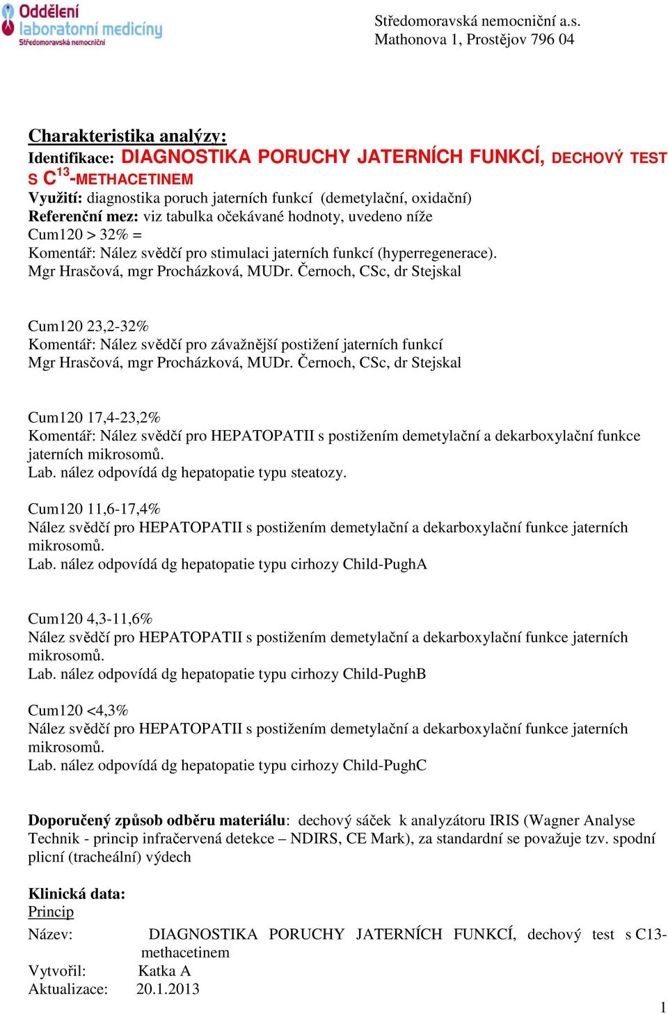 Cum120 23,2-32% Komentář: Nález svědčí pro závažnější postižení jaterních funkcí Cum120 17,4-23,2% Komentář: Nález svědčí pro HEPATOPATII s postižením demetylační a dekarboxylační funkce jaterních