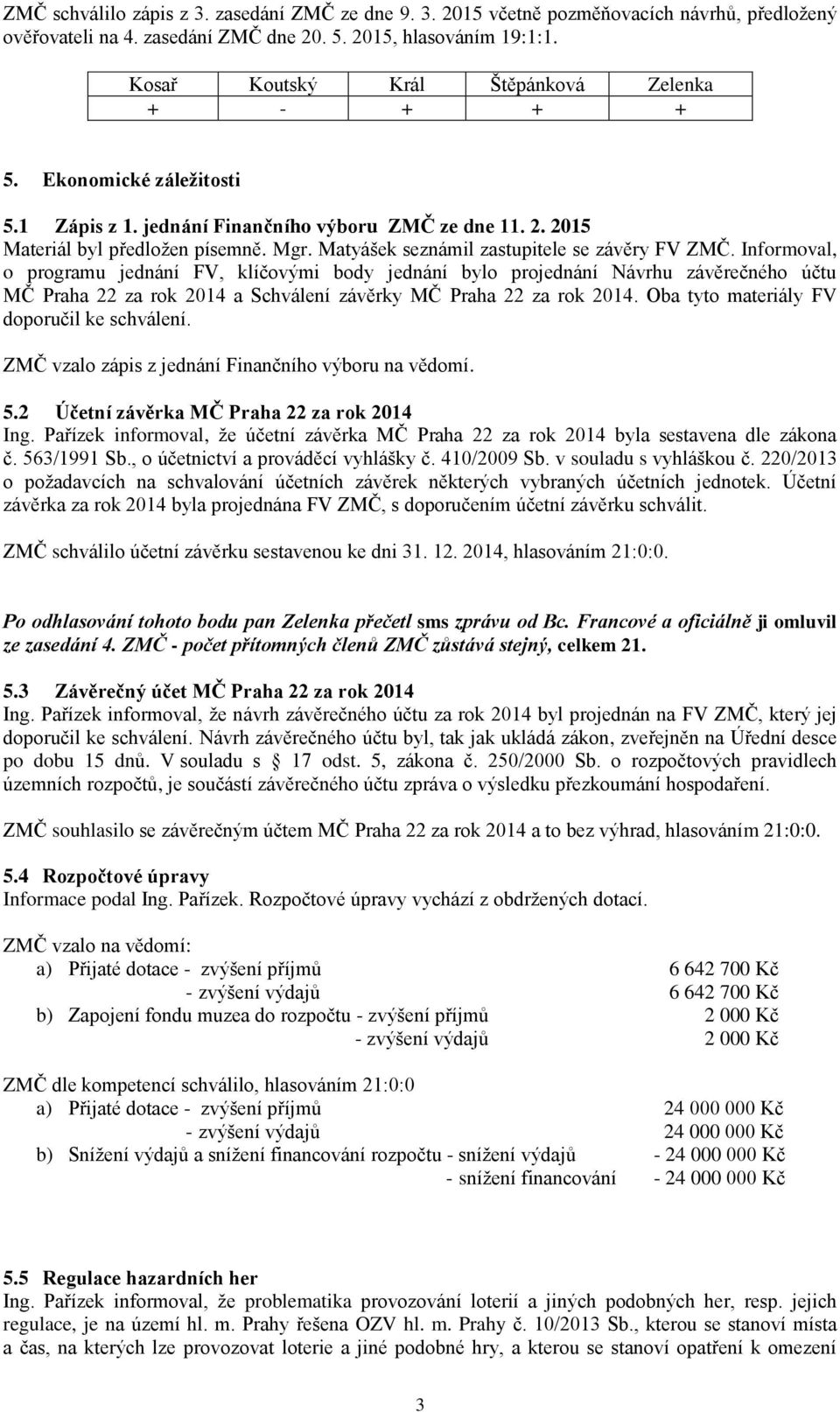 Informoval, o programu jednání FV, klíčovými body jednání bylo projednání Návrhu závěrečného účtu MČ Praha 22 za rok 2014 a Schválení závěrky MČ Praha 22 za rok 2014.