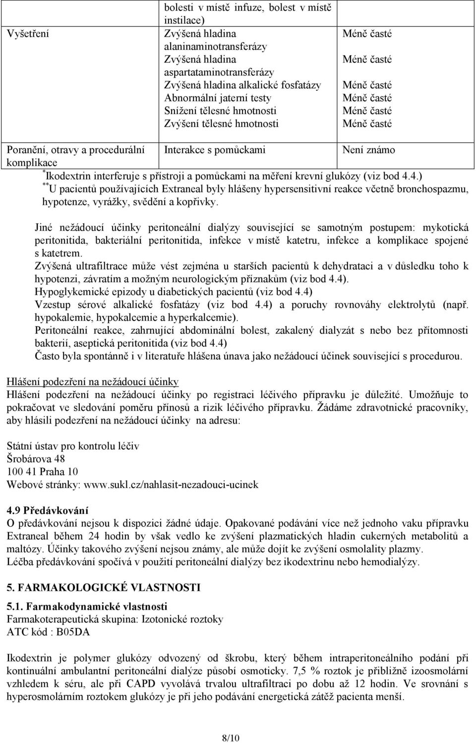 (viz bod 4.4.) ** U pacientů používajících Extraneal byly hlášeny hypersensitivní reakce včetně bronchospazmu, hypotenze, vyrážky, svědění a kopřivky.