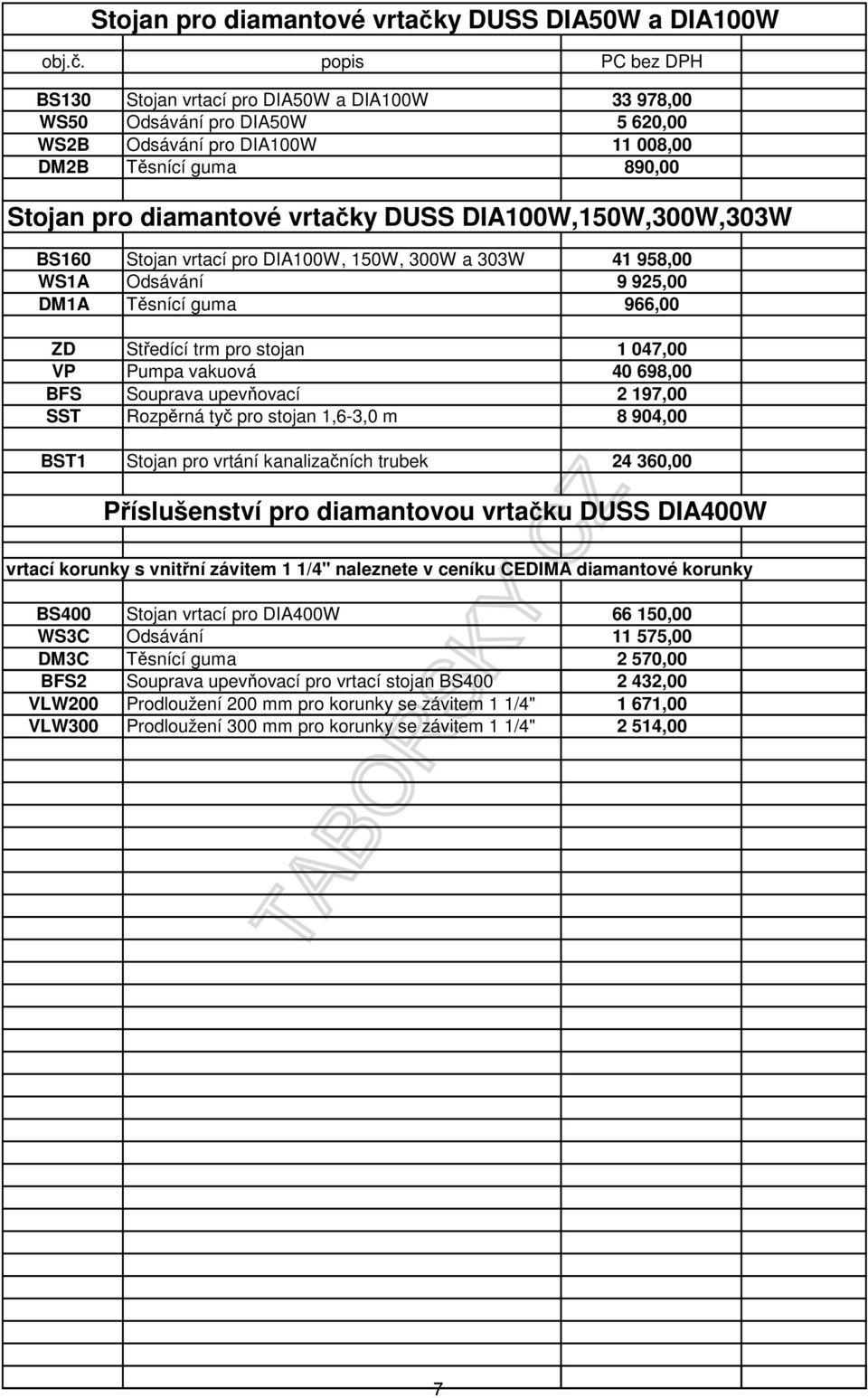 047,00 VP Pumpa vakuová 40 698,00 BFS Souprava upevňovací 2 197,00 SST Rozpěrná tyč pro stojan 1,6-3,0 m 8 904,00 BST1 Stojan pro vrtání kanalizačních trubek 24 360,00 Příslušenství pro diamantovou