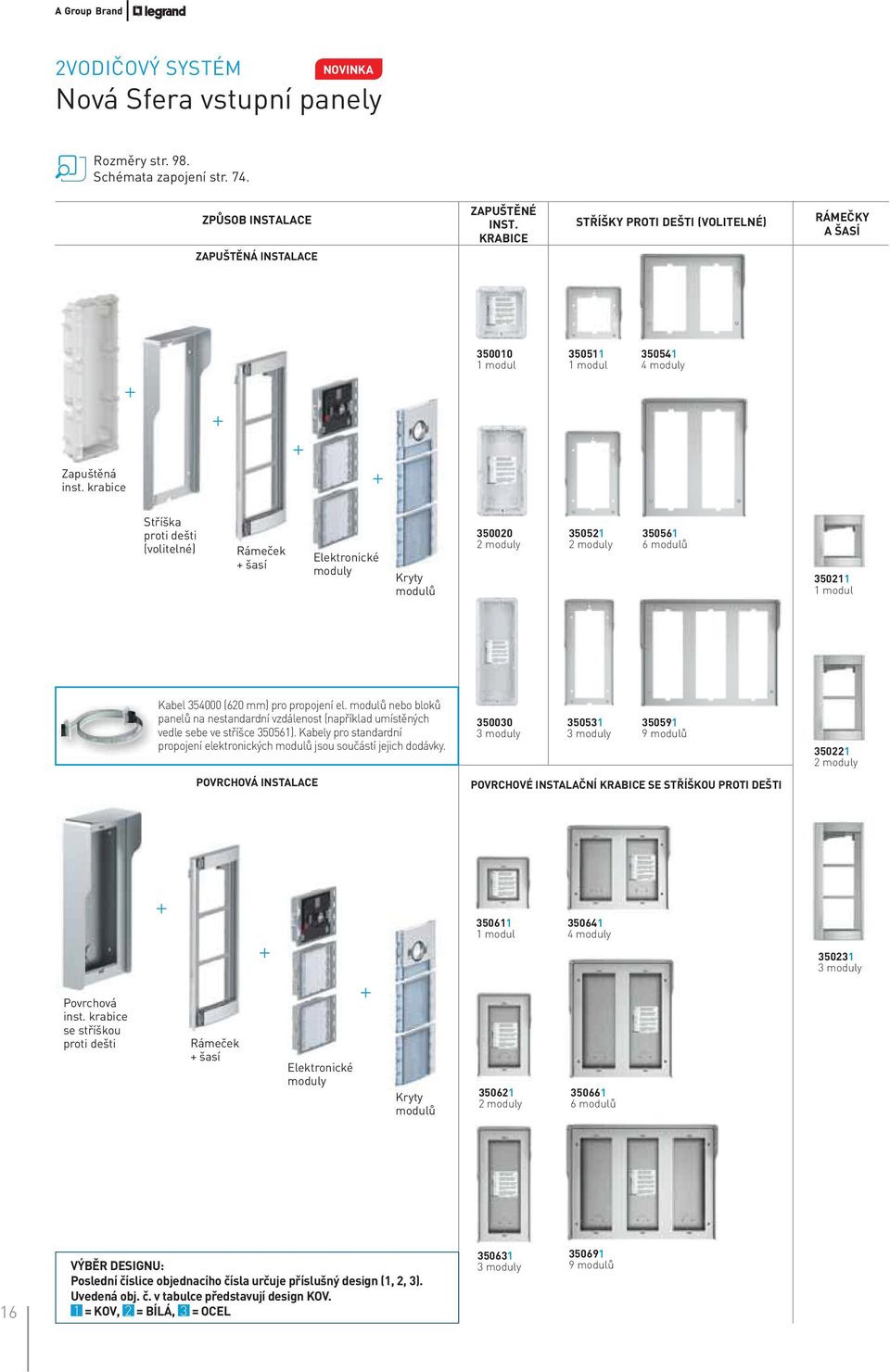 krabice 350010 350511 350541 4 moduly Stříška proti dešti (volitelné) Rámeček šasí Elektronické moduly Kryty modulů 350020 350521 350561 6 modulů 350211 Kabel 354000 (620 mm) pro propojení el.