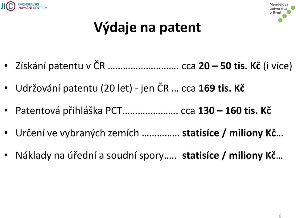 Kč Patentová přihláška PCT. cca 130 160 tis.