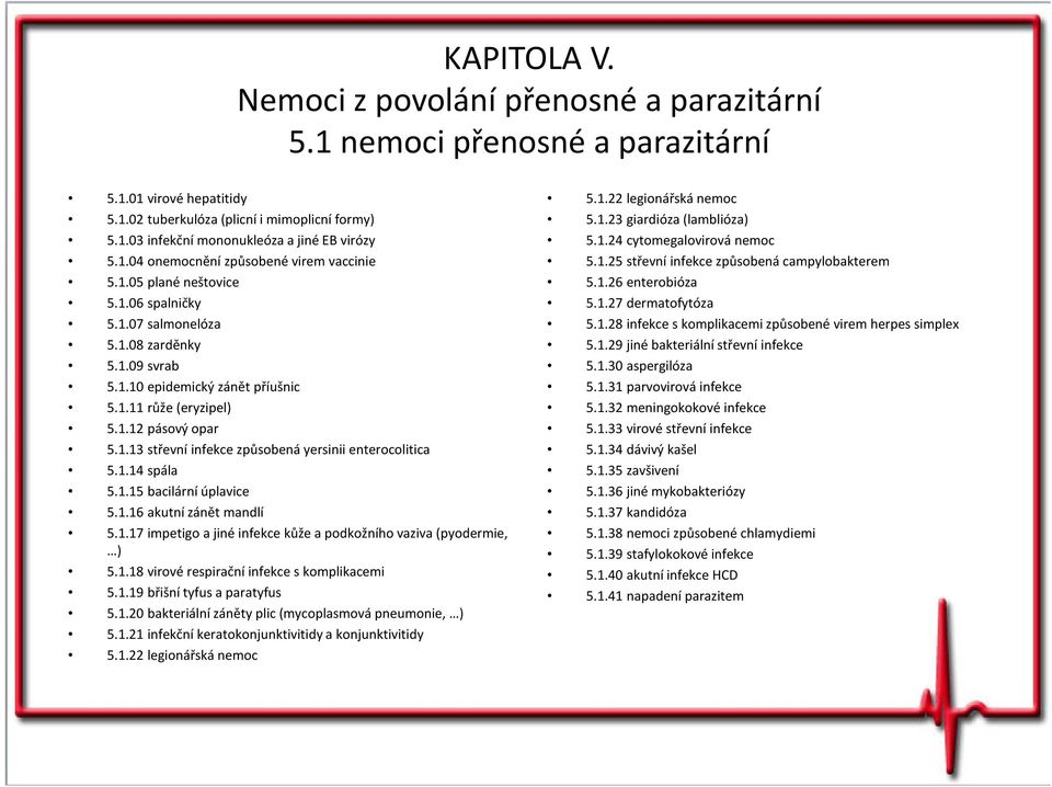 1.13 střevní infekce způsobená yersinii enterocolitica 5.1.14 spála 5.1.15 bacilární úplavice 5.1.16 akutní zánět mandlí 5.1.17 impetigo a jiné infekce kůže a podkožního vaziva (pyodermie, ) 5.1.18 virové respirační infekce s komplikacemi 5.