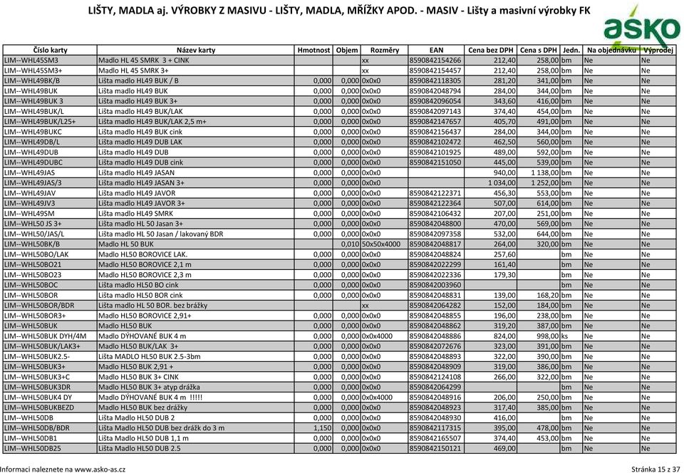 0x0x0 8590842096054 343,60 416,00 bm Ne Ne LIM--WHL49BUK/L Lišta madlo HL49 BUK/LAK 0,000 0,000 0x0x0 8590842097143 374,40 454,00 bm Ne Ne LIM--WHL49BUK/L25+ Lišta madlo HL49 BUK/LAK 2,5 m+ 0,000