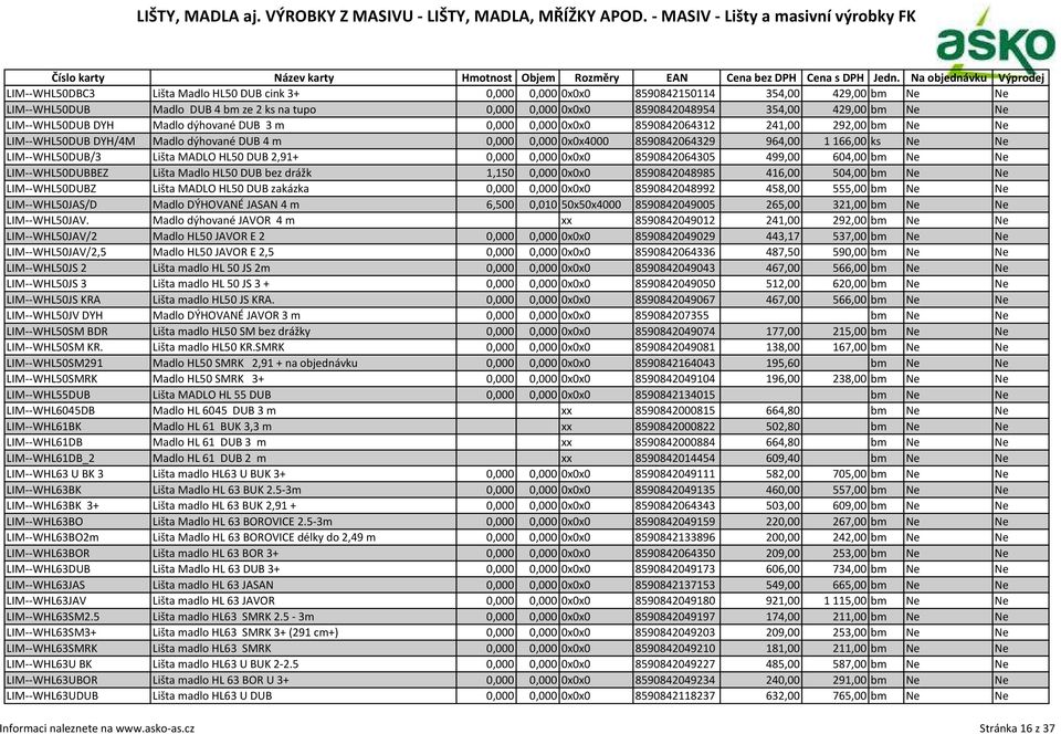 LIM--WHL50DUB/3 Lišta MADLO HL50 DUB 2,91+ 0,000 0,000 0x0x0 8590842064305 499,00 604,00 bm Ne Ne LIM--WHL50DUBBEZ Lišta Madlo HL50 DUB bez drážk 1,150 0,000 0x0x0 8590842048985 416,00 504,00 bm Ne