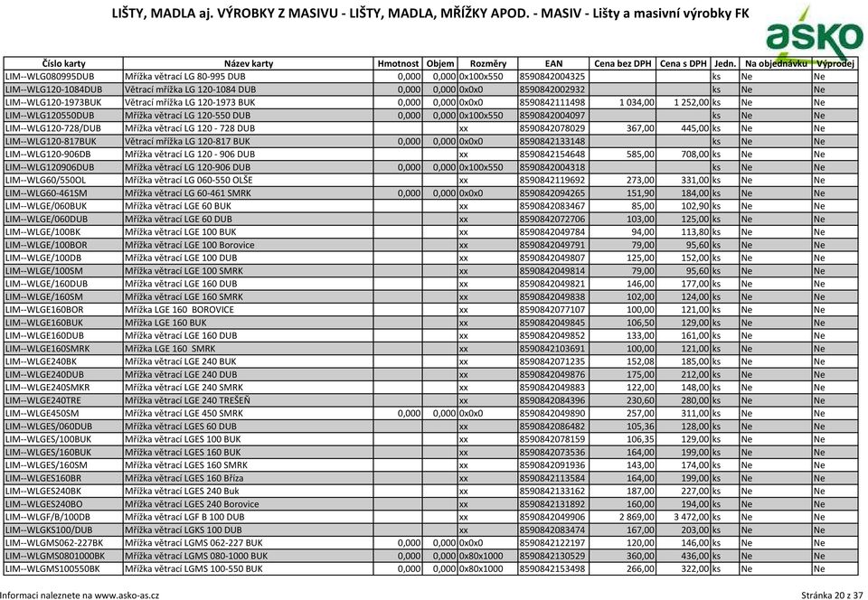 Ne LIM--WLG120-728/DUB Mřížka větrací LG 120-728 DUB xx 8590842078029 367,00 445,00 ks Ne Ne LIM--WLG120-817BUK Větrací mřížka LG 120-817 BUK 0,000 0,000 0x0x0 8590842133148 ks Ne Ne