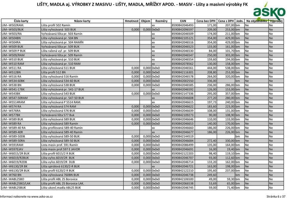 503 Ramín xx 8590842046509 174,00 211,00 bm Ne Ne LIM--W504BN Lišta vyřezávaná pr. 504 BN xx 8590842105121 354,00 429,00 bm Ne Ne LIM--W504RA Lišta vyřezávaná pr.