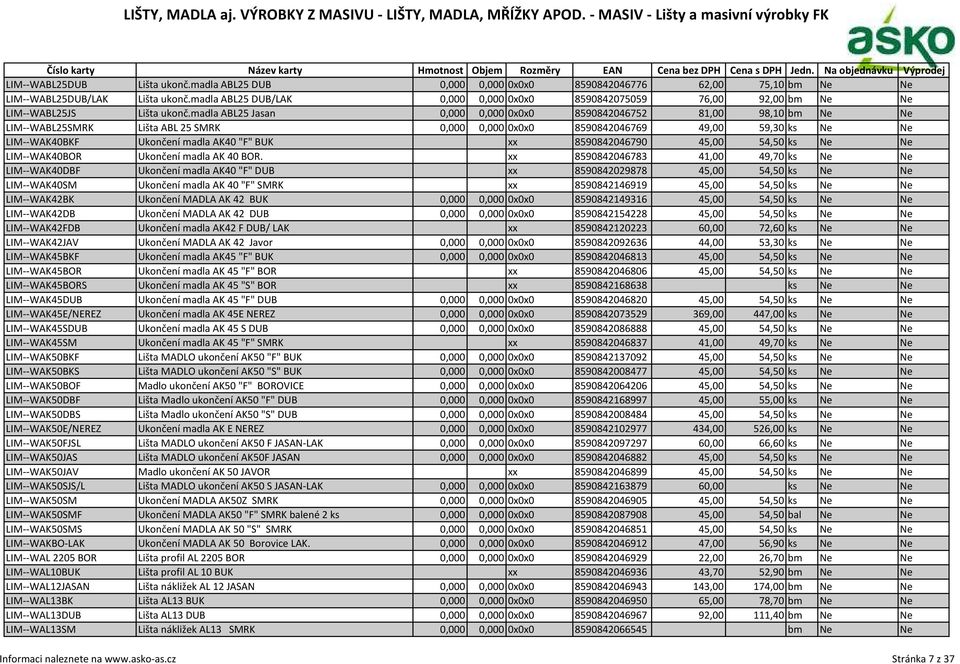 madla ABL25 Jasan 0,000 0,000 0x0x0 8590842046752 81,00 98,10 bm Ne Ne LIM--WABL25SMRK Lišta ABL 25 SMRK 0,000 0,000 0x0x0 8590842046769 49,00 59,30 ks Ne Ne LIM--WAK40BKF Ukončení madla AK40 "F" BUK