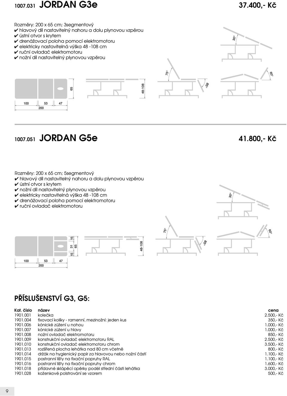 800,- Kč Rozměry: 200 x 65 cm; 5segmentový nožní díl nastavitelný plynovou vzpěrou elektricky nastavitelná výška 48-108 cm drenážovací poloha pomocí elektromotoru PŘÍSLUŠENSTVÍ G3, G5: 1901.