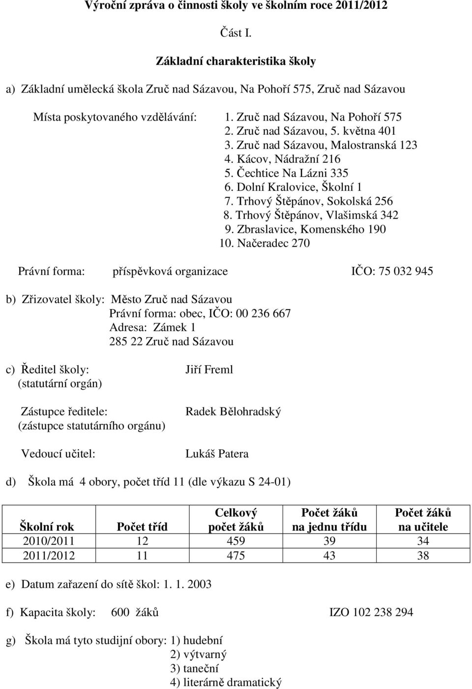 května 401 3. Zruč nad Sázavou, Malostranská 123 4. Kácov, Nádražní 216 5. Čechtice Na Lázni 335 6. Dolní Kralovice, Školní 1 7. Trhový Štěpánov, Sokolská 256 8. Trhový Štěpánov, Vlašimská 342 9.