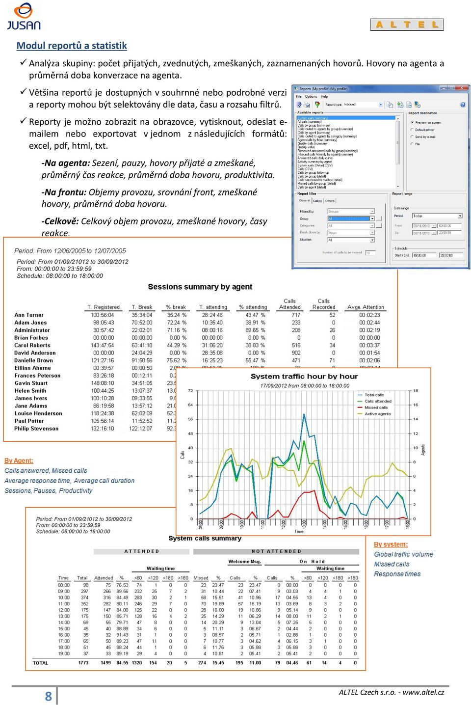 Reporty je možno zobrazit na obrazovce, vytisknout, odeslat e- mailem nebo exportovat v jednom z následujících formátů: excel, pdf, html, txt.