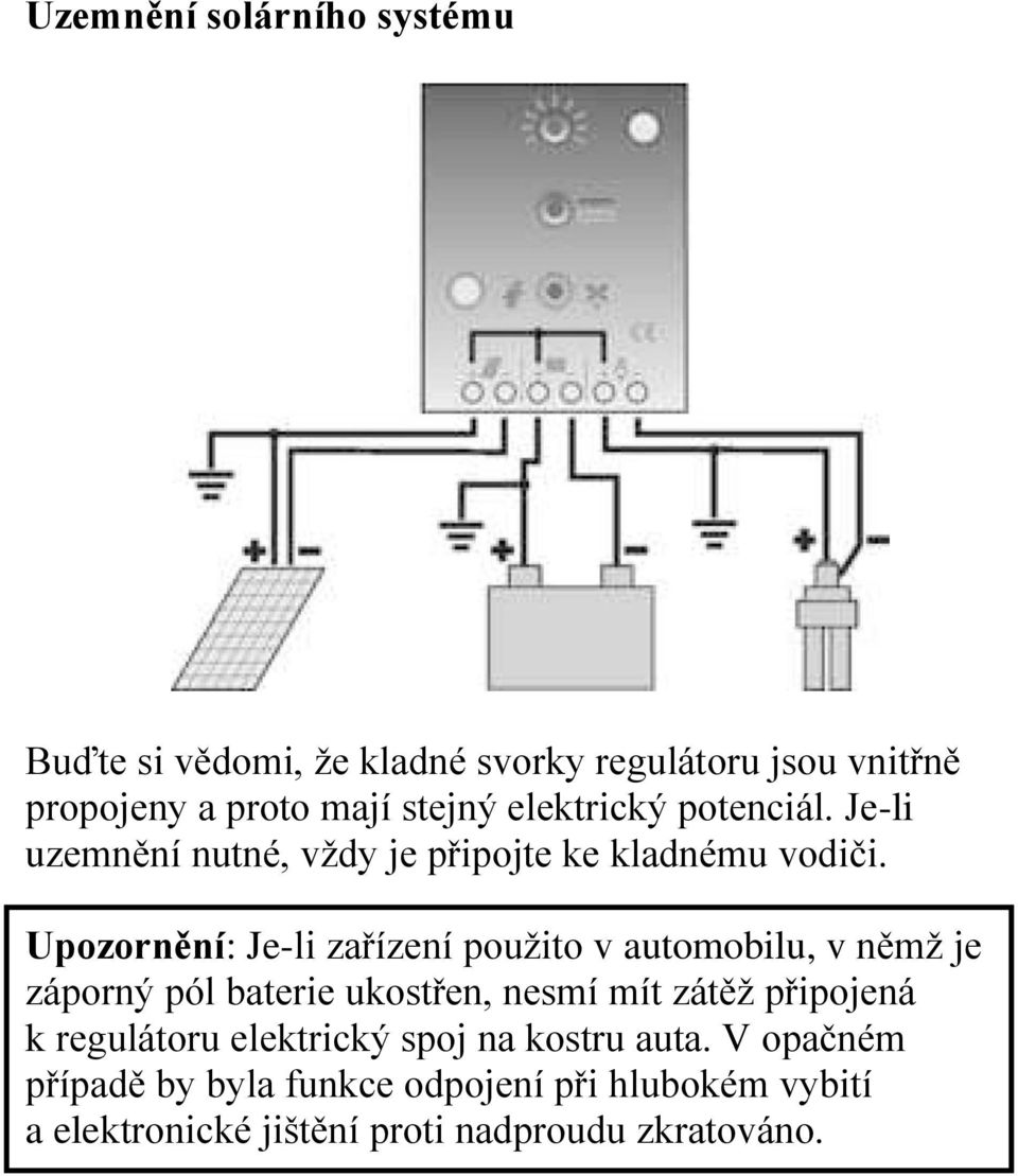 Upozornění: Je-li zařízení použito v automobilu, v němž je záporný pól baterie ukostřen, nesmí mít zátěž připojená k