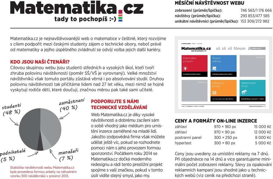 volba jejich další kariéry. KDO JSOU NAŠI ČTENÁŘI? Cílovou skupinou webu jsou studenti středních a vysokých škol, kteří tvoří zhruba polovinu návštěvnosti (poměr SŠ/VŠ je vyrovnaný).