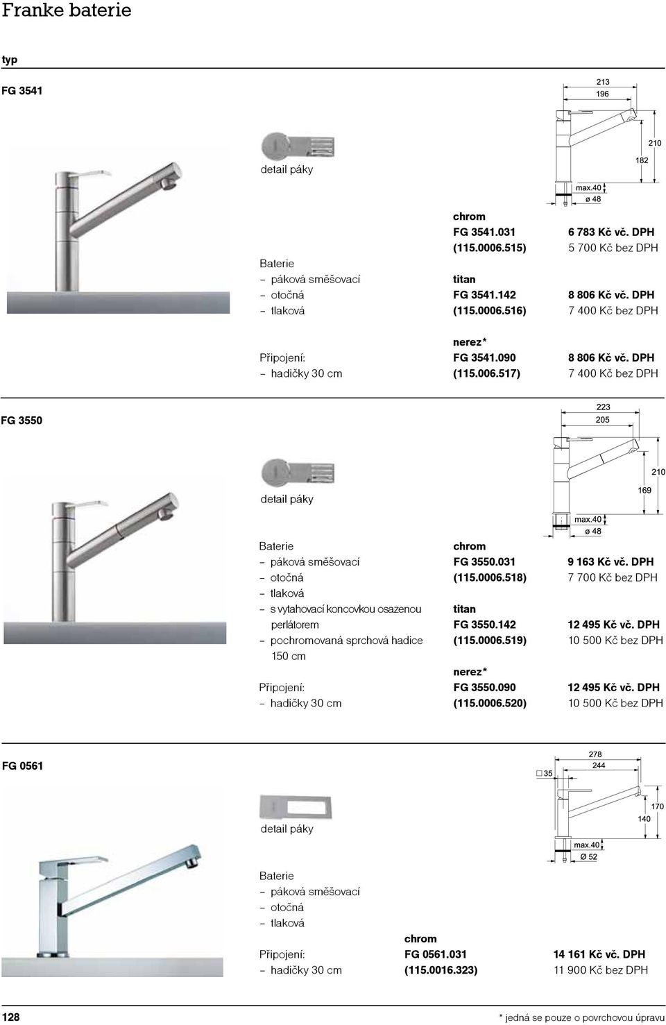 DPH 7 400 Kč bez DPH FG 3550 detail páky poovaná sprchová hadice 150 cm FG 3550.031 (115.0006.518) FG 3550.142 (115.0006.519) nerez* FG 3550.