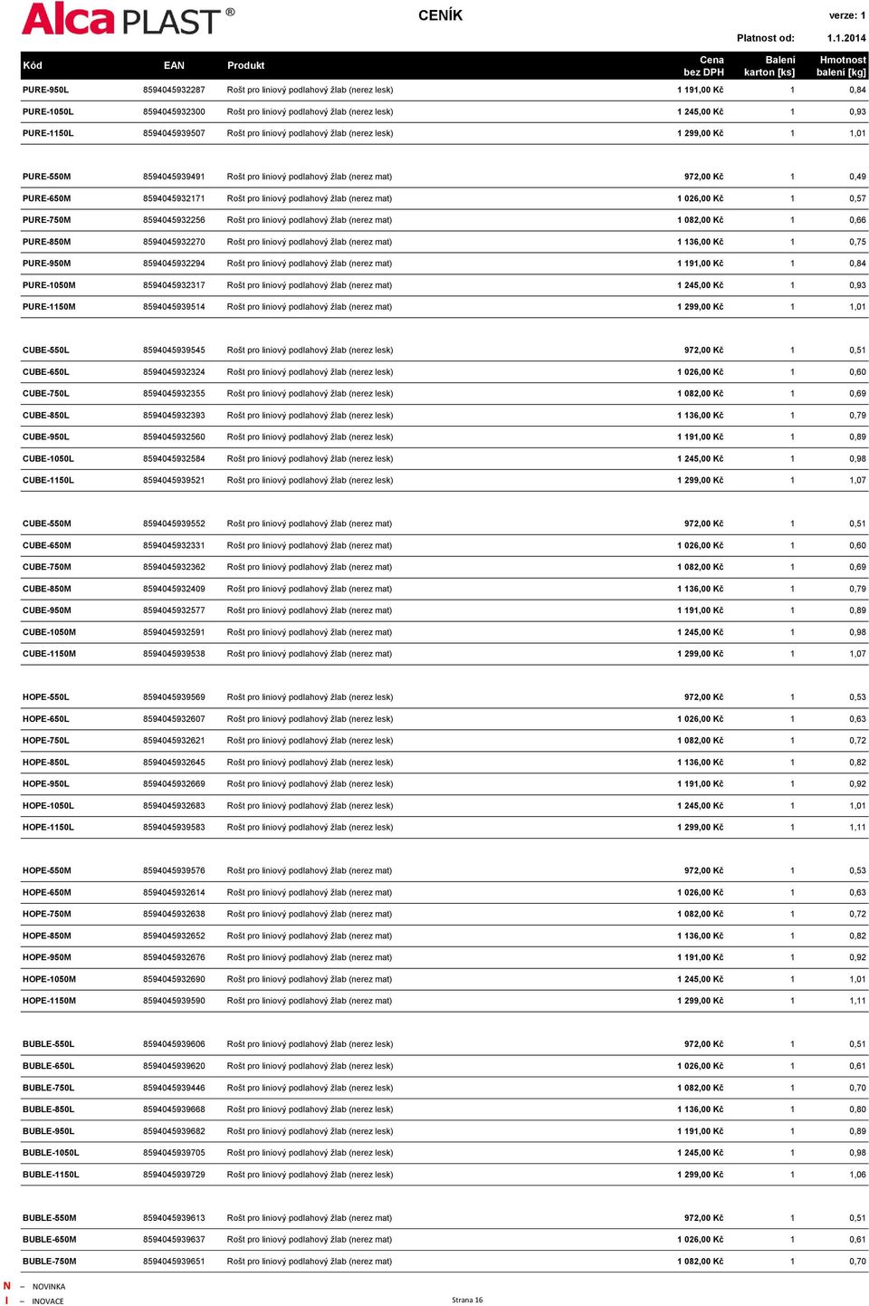 liniový podlahový žlab (nerez mat) 1 026,00 Kč 1 0,57 PURE-750M 8594045932256 Rošt pro liniový podlahový žlab (nerez mat) 1 082,00 Kč 1 0,66 PURE-850M 8594045932270 Rošt pro liniový podlahový žlab