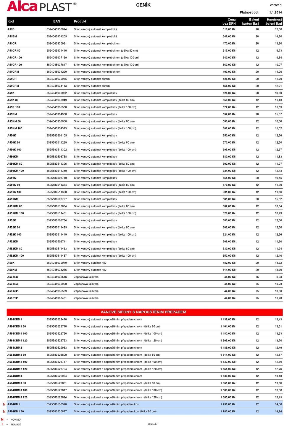 9,84 A51CR 120 8594045937817 Sifon vanový automat komplet chrom (délka 120 cm) 563,00 Kč 12 10,07 A51CRM 8594045934229 Sifon vanový automat komplet chrom 407,00 Kč 20 14,20 A54CR 8594045930955 Sifon