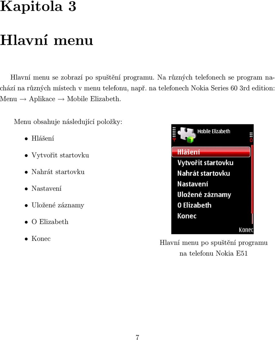 na telefonech Nokia Series 60 3rd edition: Menu Aplikace Mobile Elizabeth.