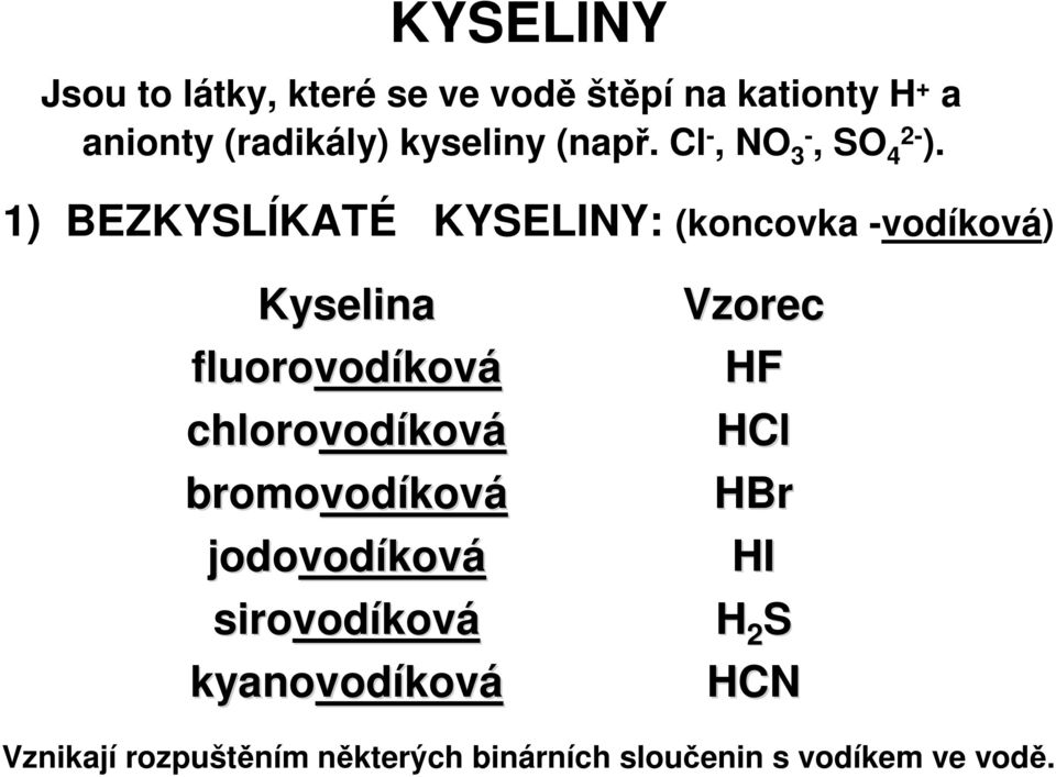 1) BEZKYSLÍKATÉ KYSELINY: (koncovka -vodíková) Kyselina fluorovod vodíková chlorovod vodíková