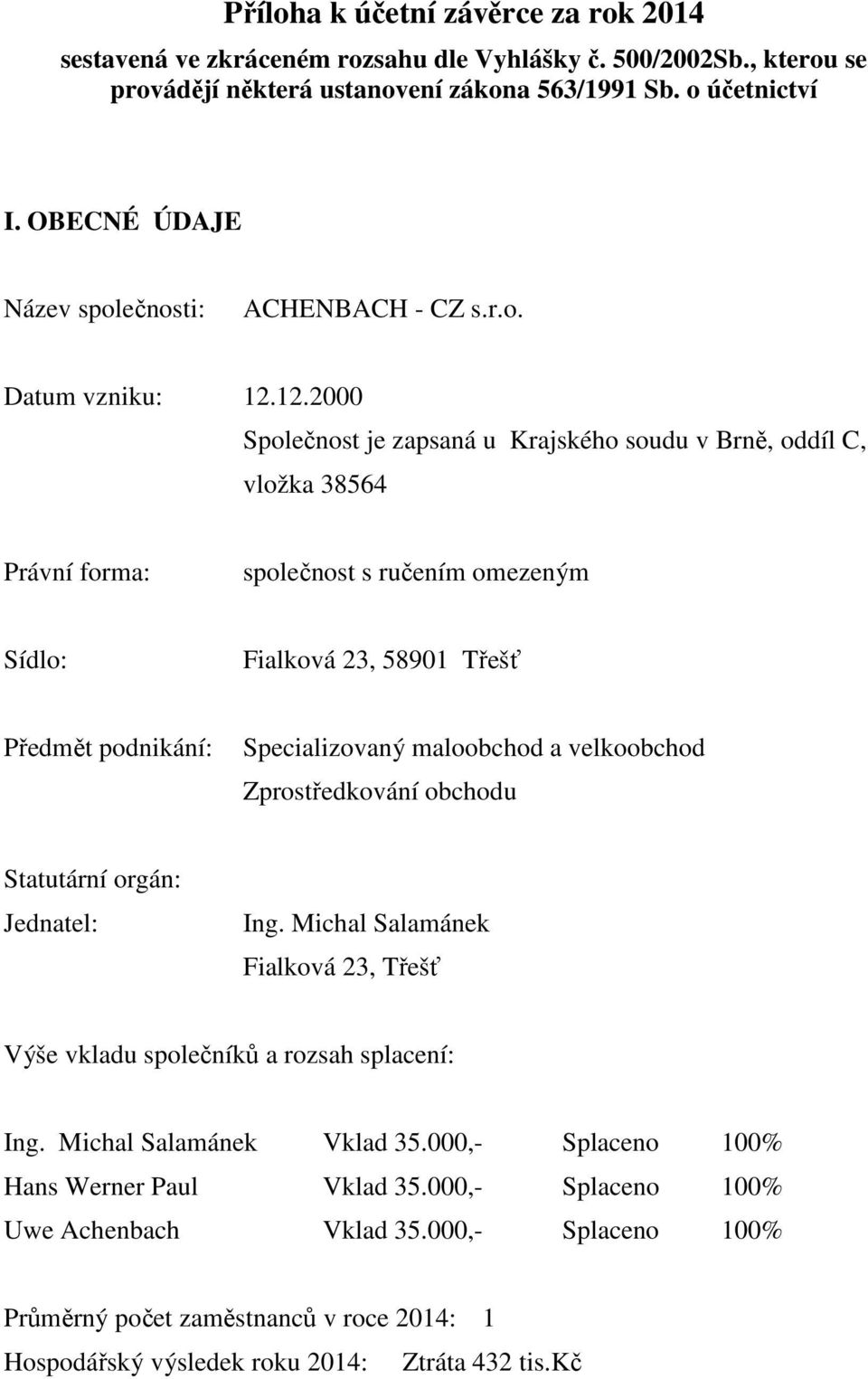 .000 Společnost je zpsná u Krjského soudu v Brně, oddíl C, vložk 38564 Právní form: společnost s ručením omezeným Sídlo: Filková 3, 580 Třešť Předmět podnikání: Speilizovný mloohod