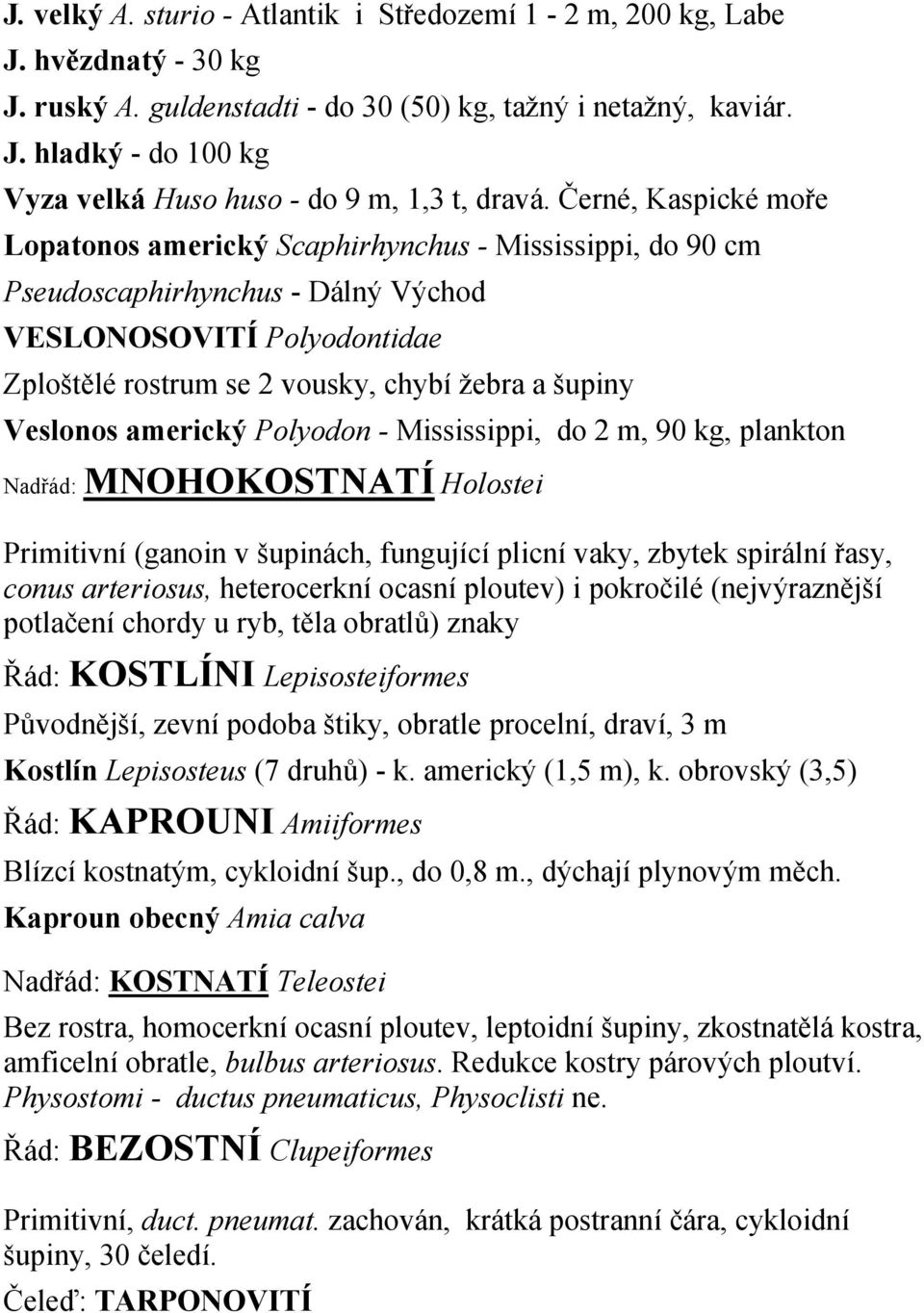 Veslonos americký Polyodon - Mississippi, do 2 m, 90 kg, plankton Nadřád: MNOHOKOSTNATÍ Holostei Primitivní (ganoin v šupinách, fungující plicní vaky, zbytek spirální řasy, conus arteriosus,
