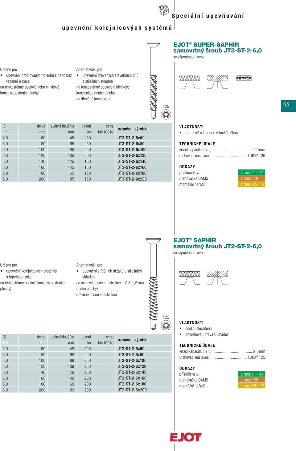 6.0 60 45 250 JT3-ST-2-6x60 6.0 80 65 250 JT3-ST-2-6x80 6.0 100 85 250 JT3-ST-2-6x100 6.0 120 105 200 JT3-ST-2-6x120 6.0 140 125 150 JT3-ST-2-6x140 6.0 160 145 150 JT3-ST-2-6x160 6.