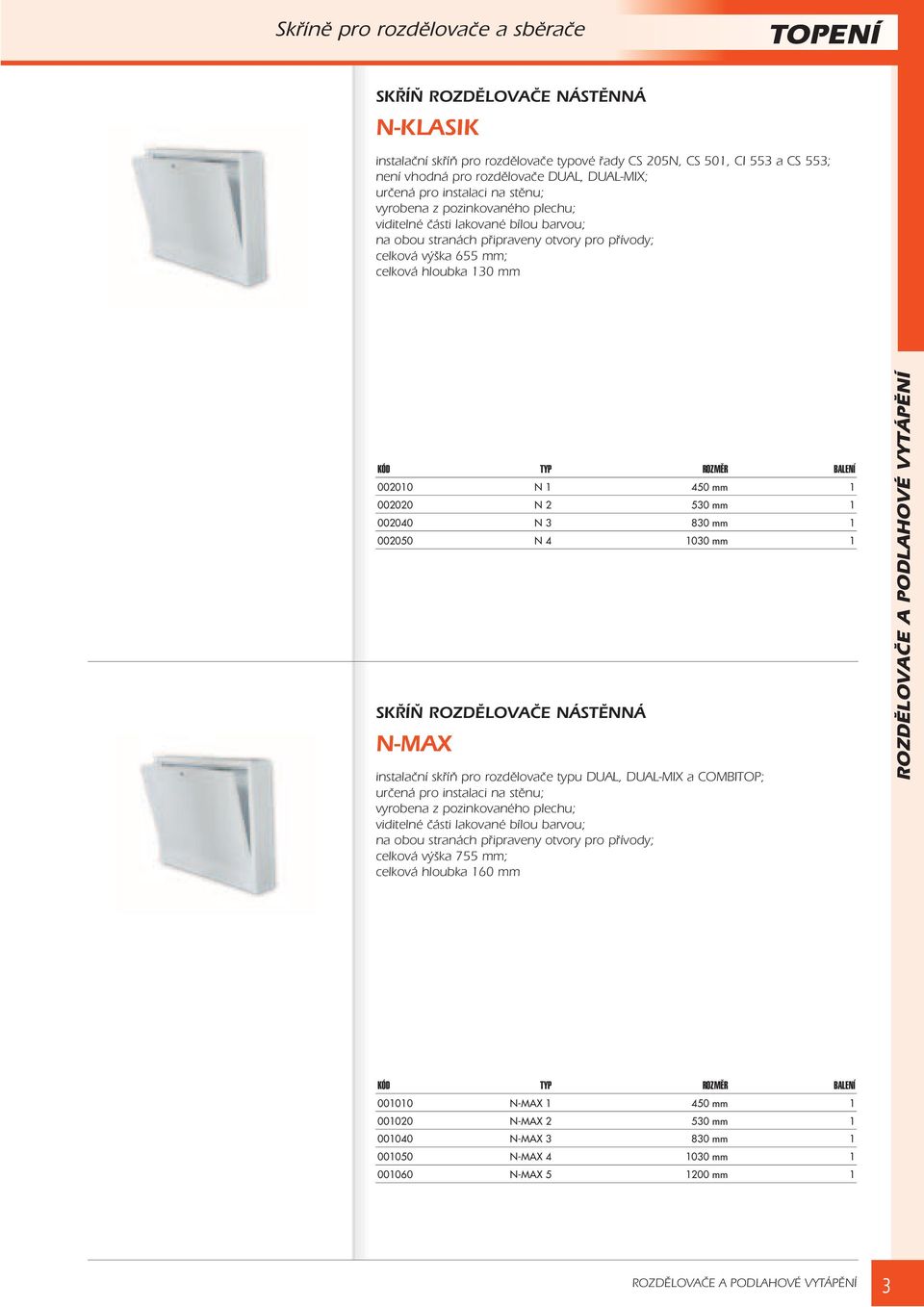 TYP ROZMĚR BALENÍ 002010 N 1 450 mm 1 002020 N 2 530 mm 1 002040 N 3 830 mm 1 002050 N 4 1030 mm 1 SKØÍÒ ROZDÌLOVAÈE NÁSTÌNNÁ N-MAX instalaèní skøíò pro rozdìlovaèe typu DUAL, DUAL-MIX a COMBITOP;