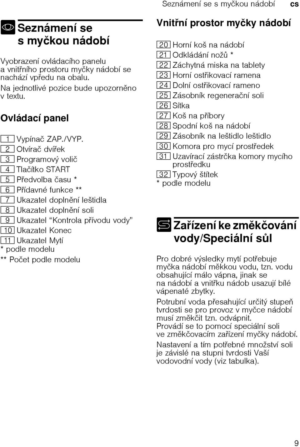 0 Otvírač dvíek 8 Programový volič @ Tlačítko START H Pedvolba času * P Pídavné funkce ** X Ukazatel doplnní leštidla ` Ukazatel doplnní soli h Ukazatel Kontrola pívodu vody )" Ukazatel Konec )*
