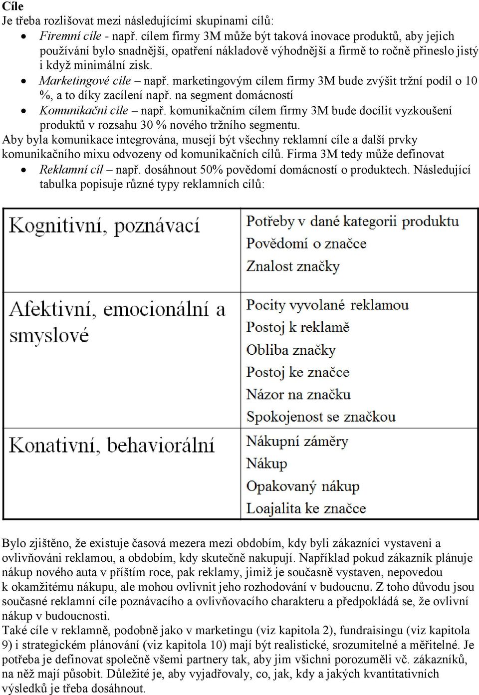 marketingovým cílem firmy 3M bude zvýšit tržní podíl o 10 %, a to díky zacílení např. na segment domácností Komunikační cíle např.